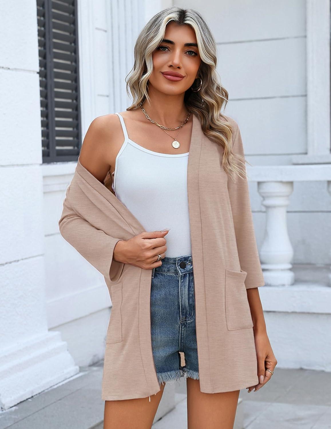 imageZeagoo Womens Casual Lightweight Cardigan 34 Sleeve Open Front Loose Thin Cardigans with PocketsKhaki
