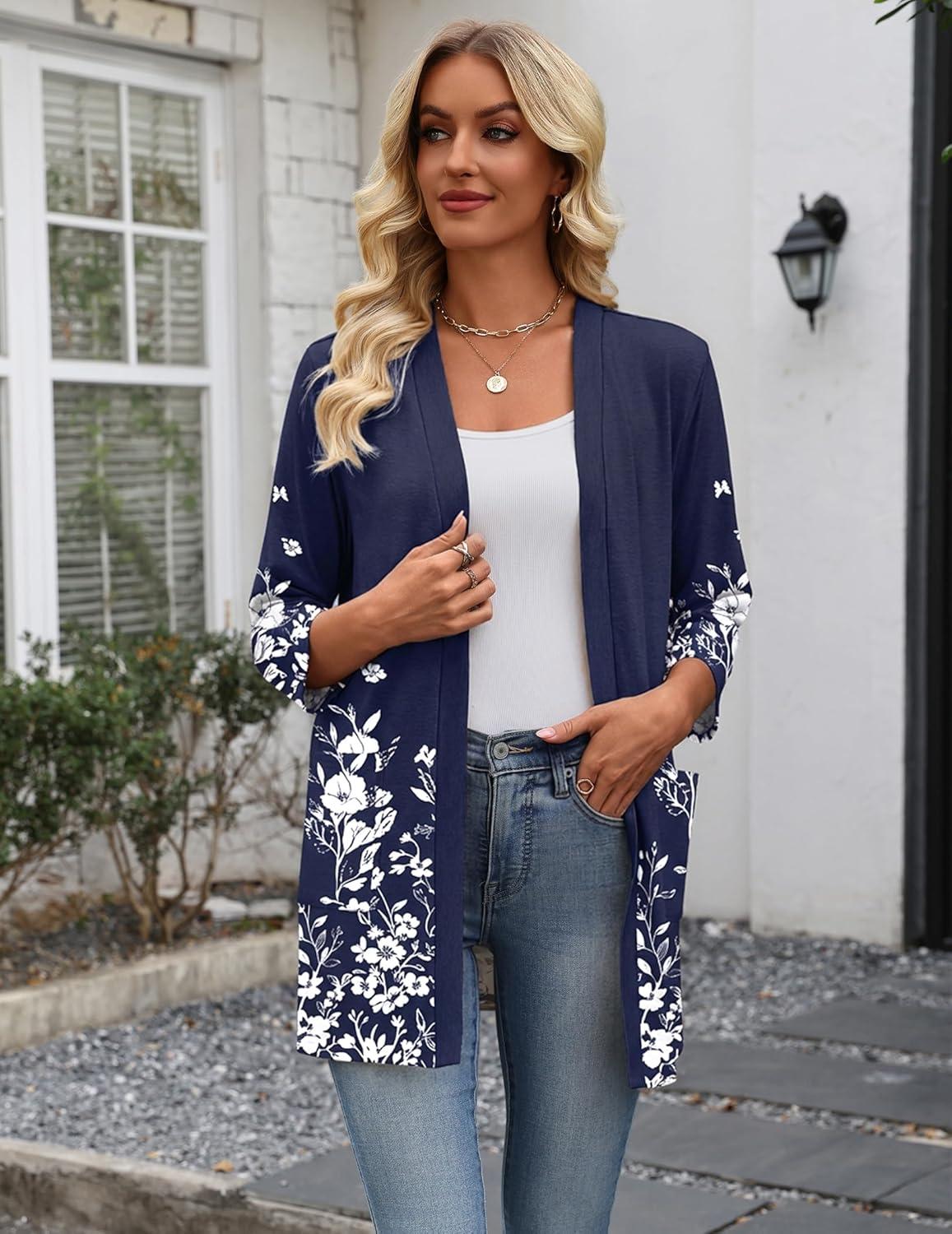 imageZeagoo Womens Casual Lightweight Cardigan 34 Sleeve Open Front Loose Thin Cardigans with PocketsSf103
