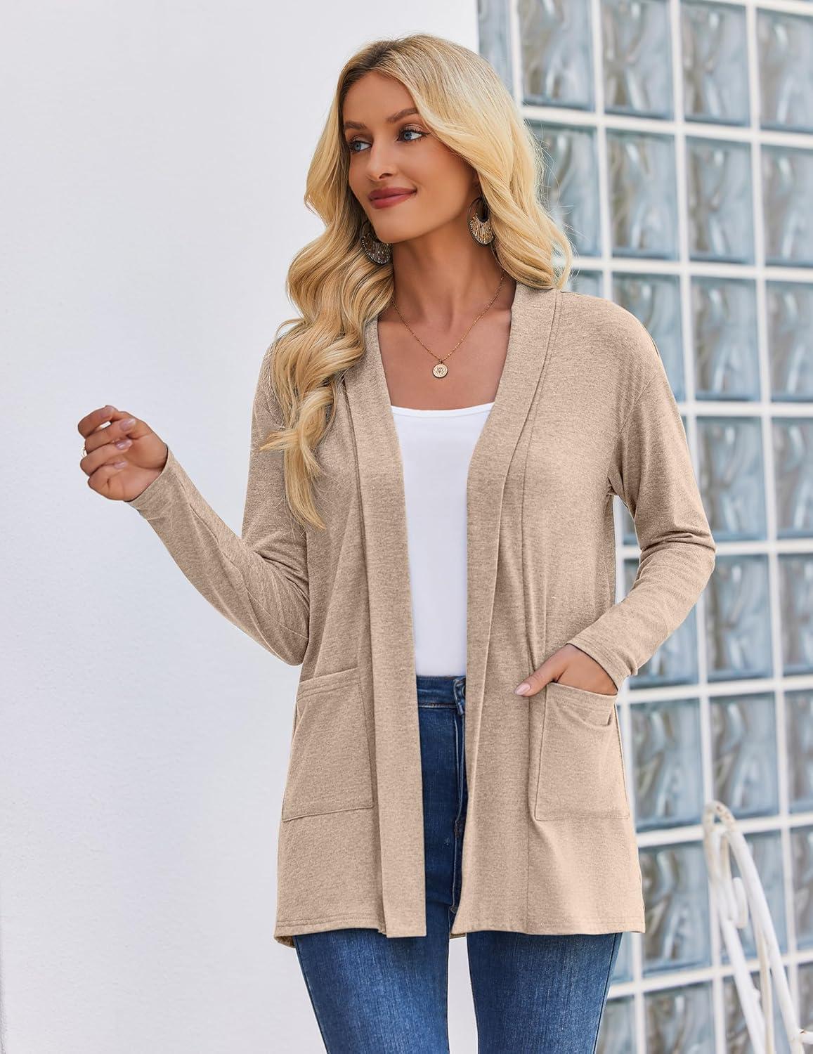 imageZeagoo Womens Lightweight Cardigan Open Front Long Sleeve Casual Loose Thin Cardigans with Pockets 2026Akhaki