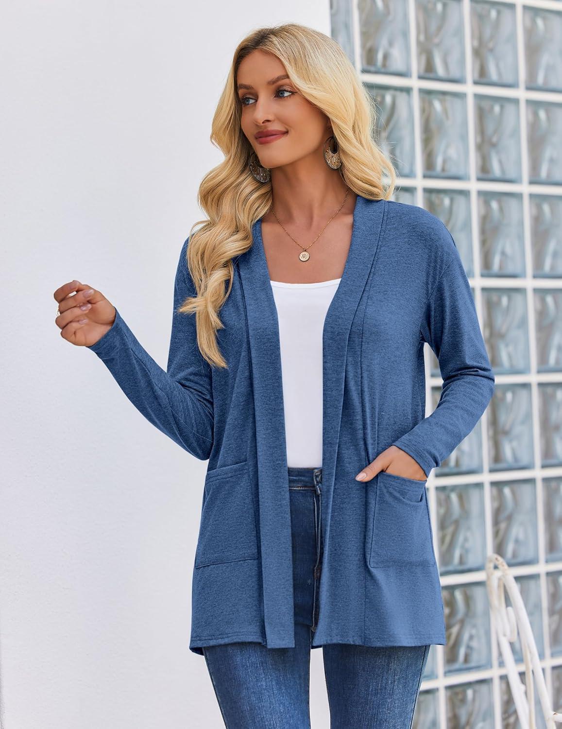imageZeagoo Womens Lightweight Cardigan Open Front Long Sleeve Casual Loose Thin Cardigans with Pockets 2026Blue