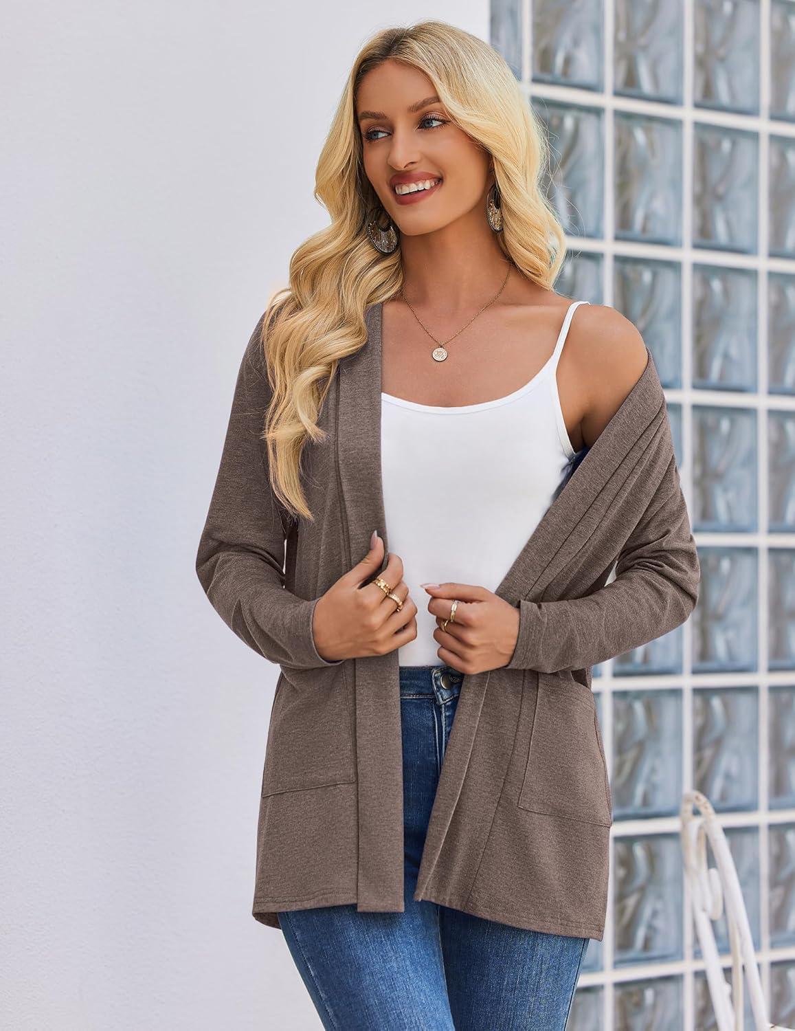 imageZeagoo Womens Lightweight Cardigan Open Front Long Sleeve Casual Loose Thin Cardigans with Pockets 2026Brown