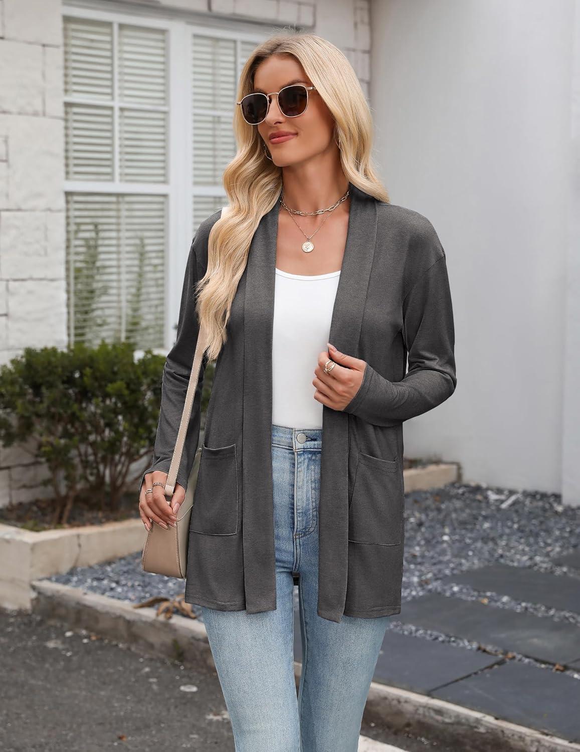 imageZeagoo Womens Lightweight Cardigan Open Front Long Sleeve Casual Loose Thin Cardigans with Pockets 2026Gray