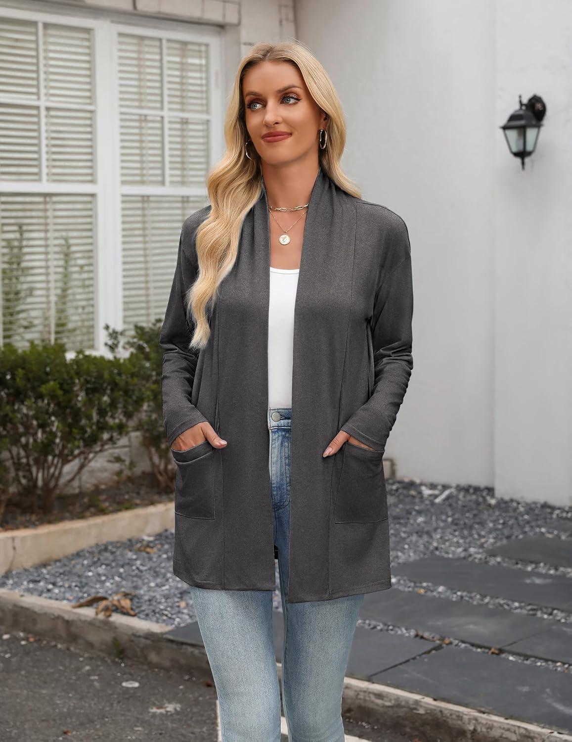 imageZeagoo Womens Lightweight Cardigan Open Front Long Sleeve Casual Loose Thin Cardigans with Pockets 2026Gray