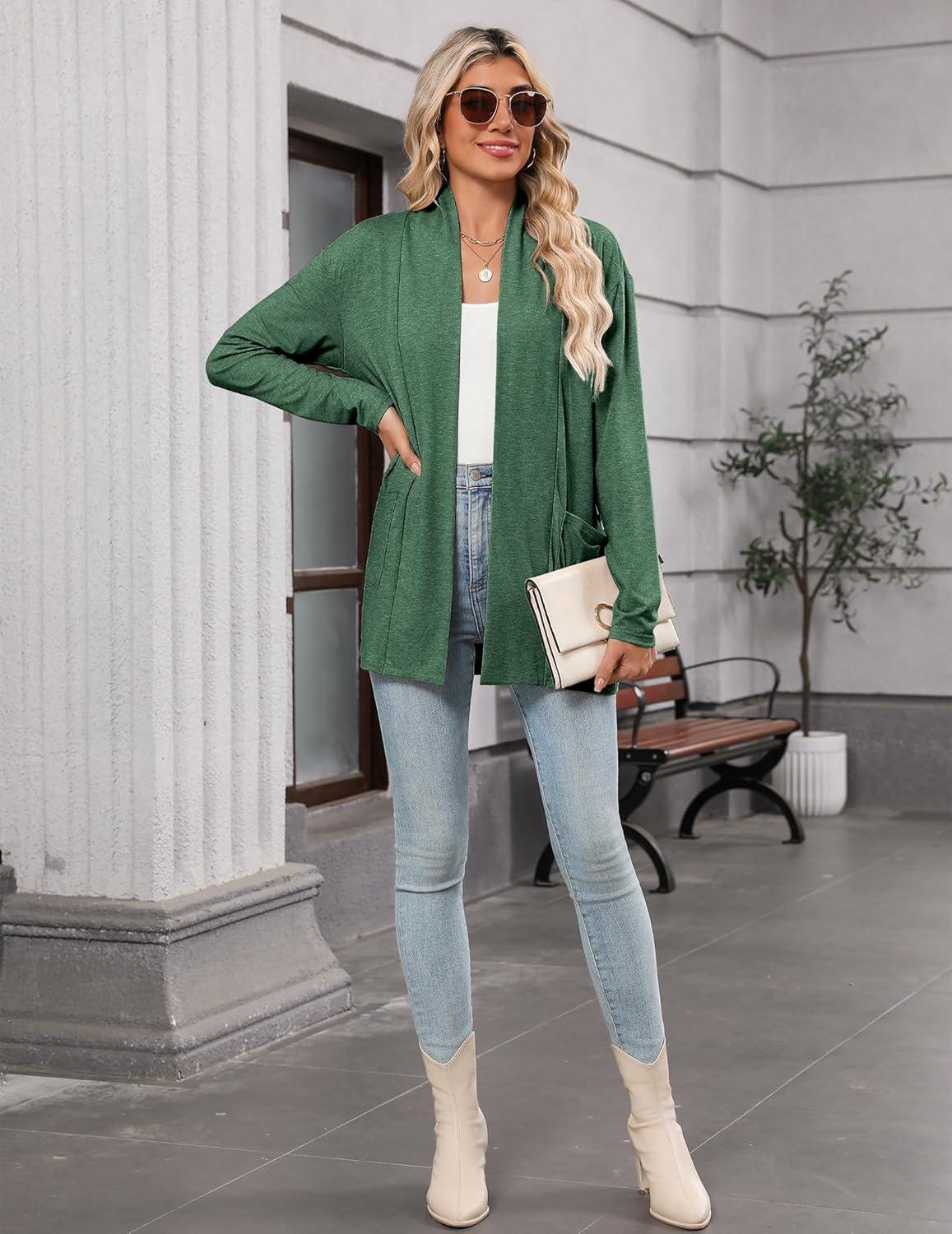 imageZeagoo Womens Lightweight Cardigan Open Front Long Sleeve Casual Loose Thin Cardigans with Pockets 2026Green