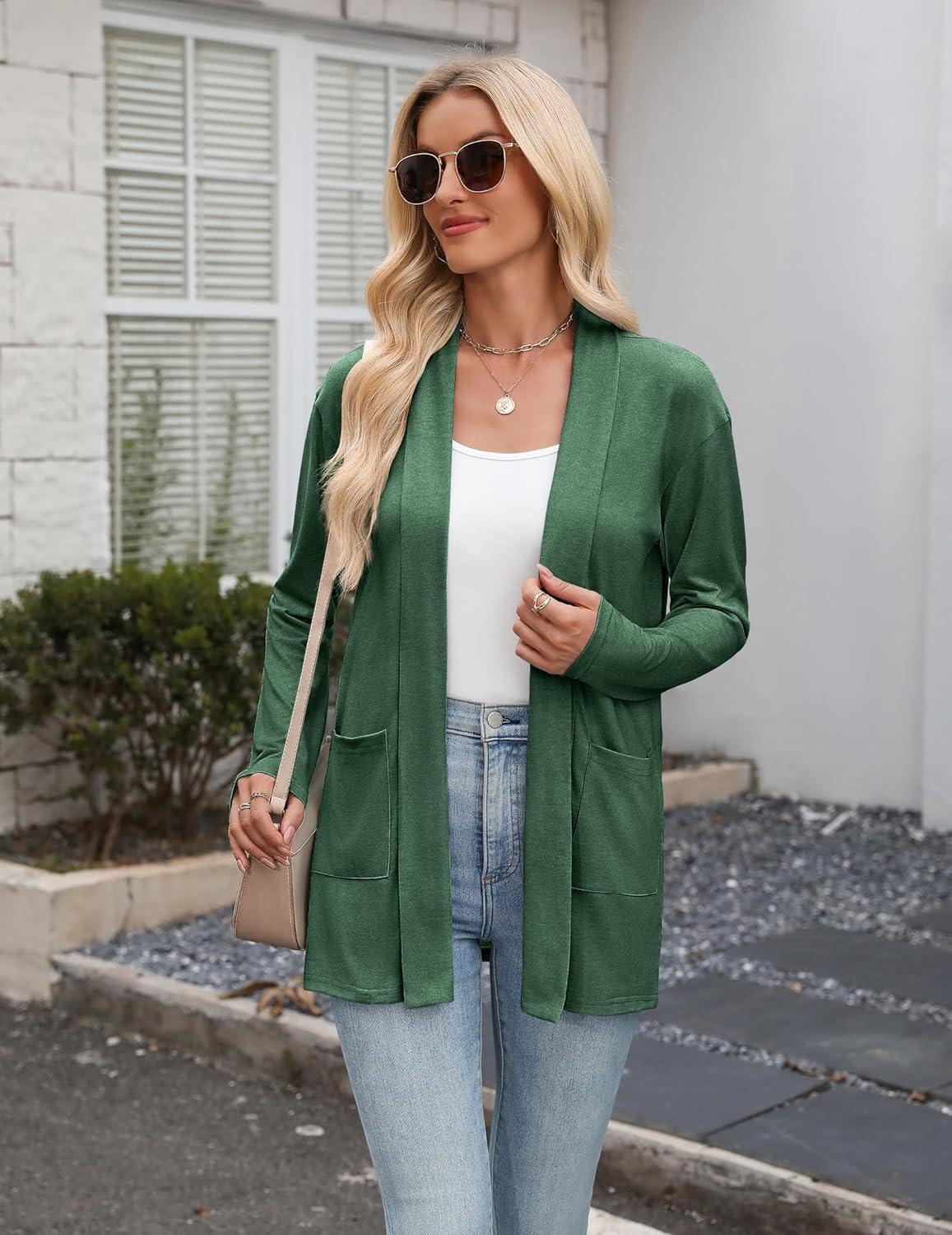 imageZeagoo Womens Lightweight Cardigan Open Front Long Sleeve Casual Loose Thin Cardigans with Pockets 2026Green