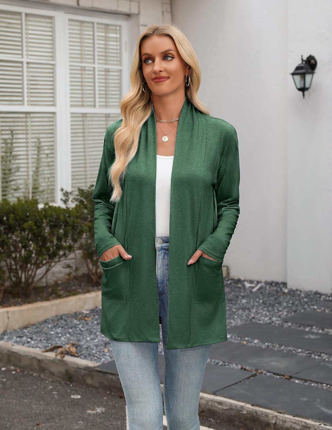 imageZeagoo Womens Lightweight Cardigan Open Front Long Sleeve Casual Loose Thin Cardigans with Pockets 2026Green