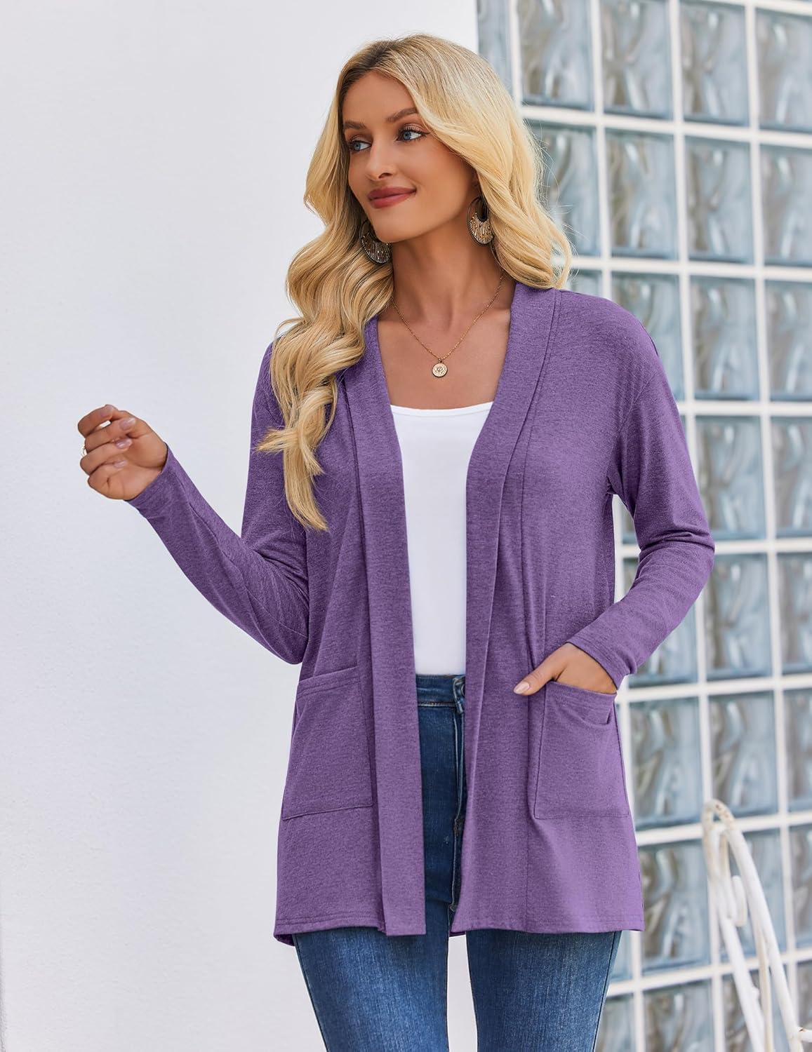 imageZeagoo Womens Lightweight Cardigan Open Front Long Sleeve Casual Loose Thin Cardigans with Pockets 2026Purple