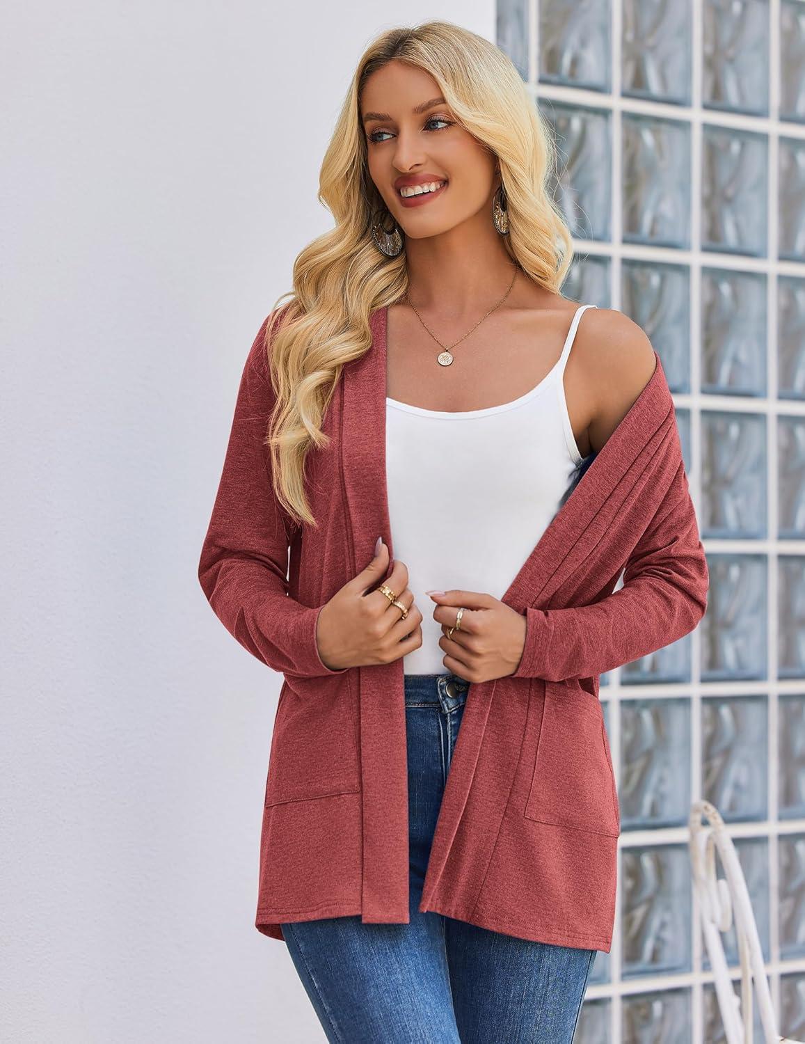imageZeagoo Womens Lightweight Cardigan Open Front Long Sleeve Casual Loose Thin Cardigans with Pockets 2026Red