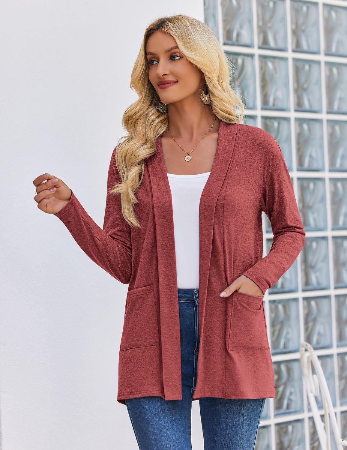imageZeagoo Womens Lightweight Cardigan Open Front Long Sleeve Casual Loose Thin Cardigans with Pockets 2026Red