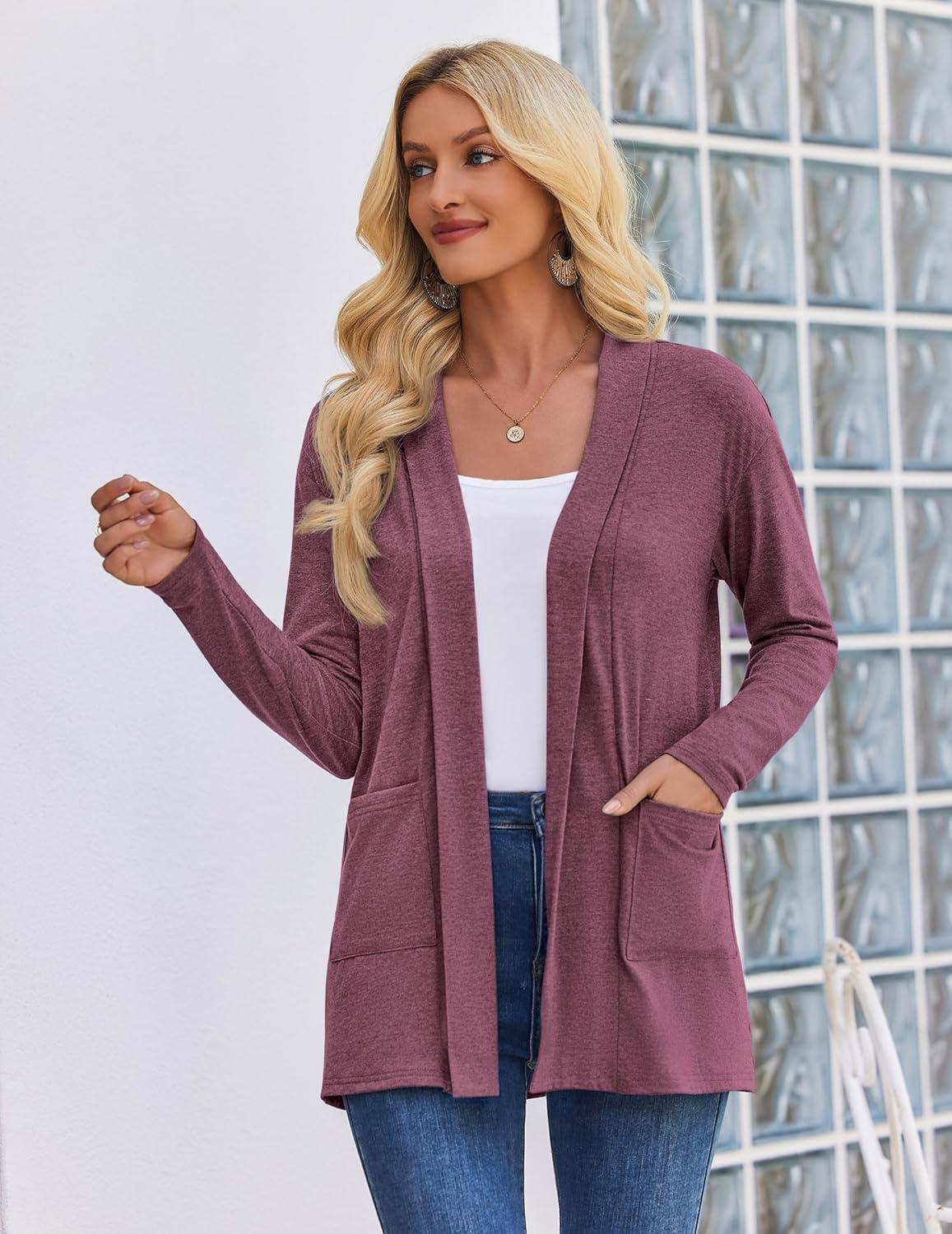 imageZeagoo Womens Lightweight Cardigan Open Front Long Sleeve Casual Loose Thin Cardigans with Pockets 2026Wine Red