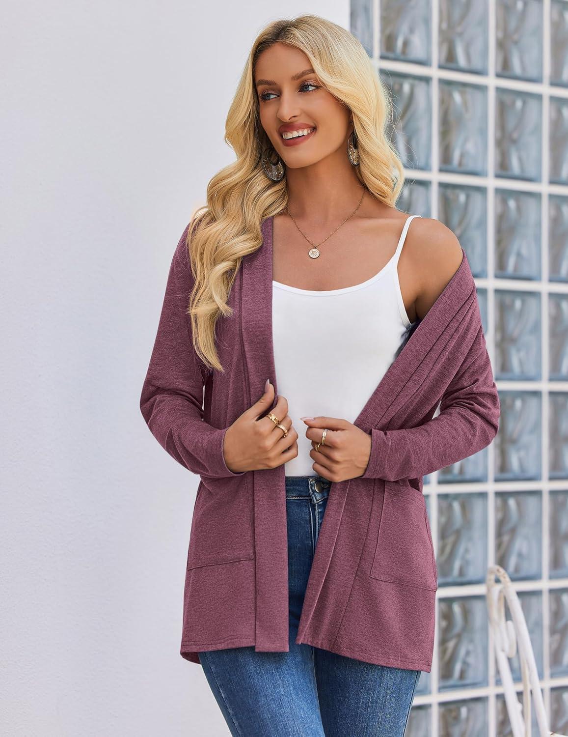 imageZeagoo Womens Lightweight Cardigan Open Front Long Sleeve Casual Loose Thin Cardigans with Pockets 2026Wine Red
