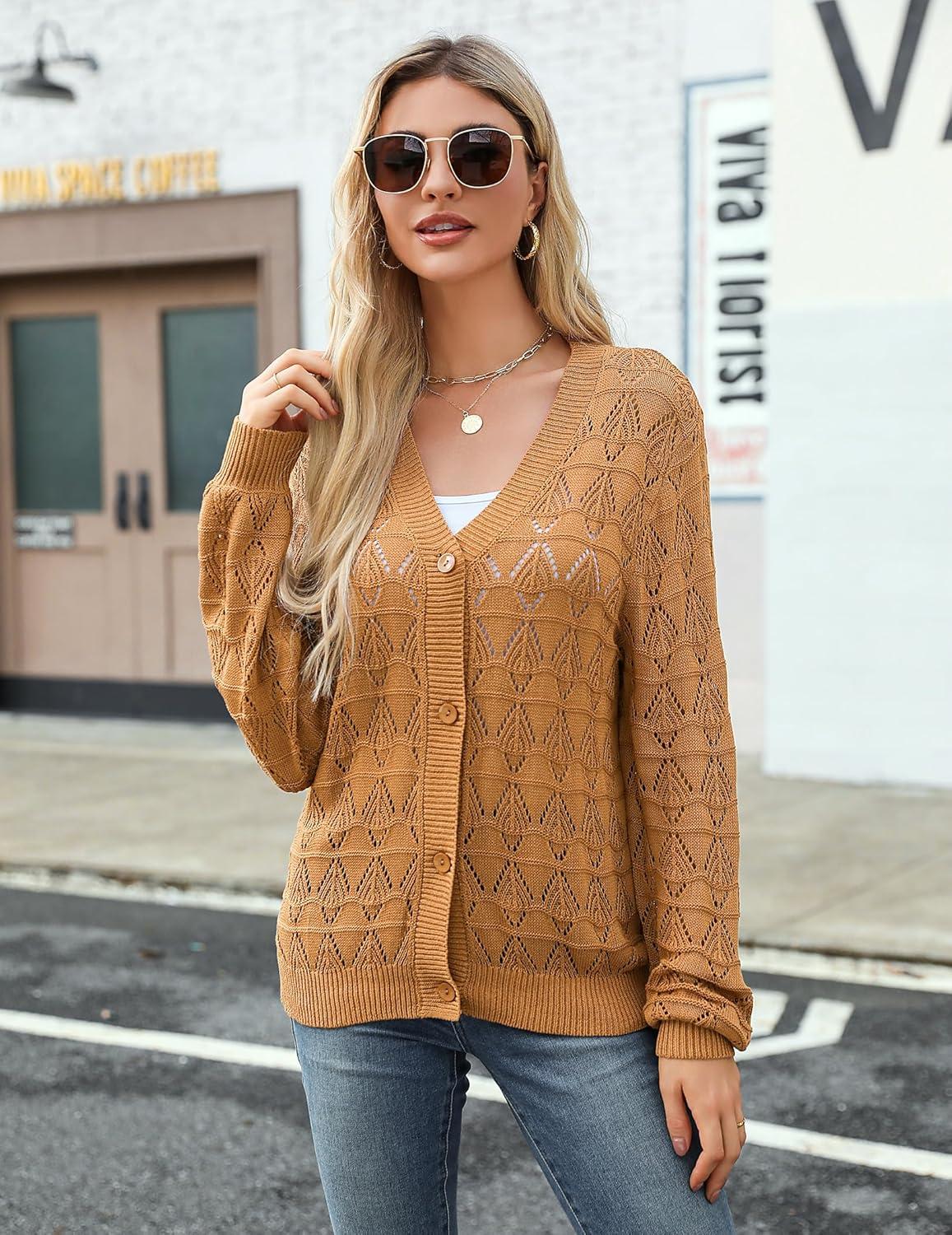 imageZeagoo Womens Lightweight Crochet Cropped Cardigan 2026 V Neck Long Sleeve Button up Bolero Shrug SweaterLight Brown
