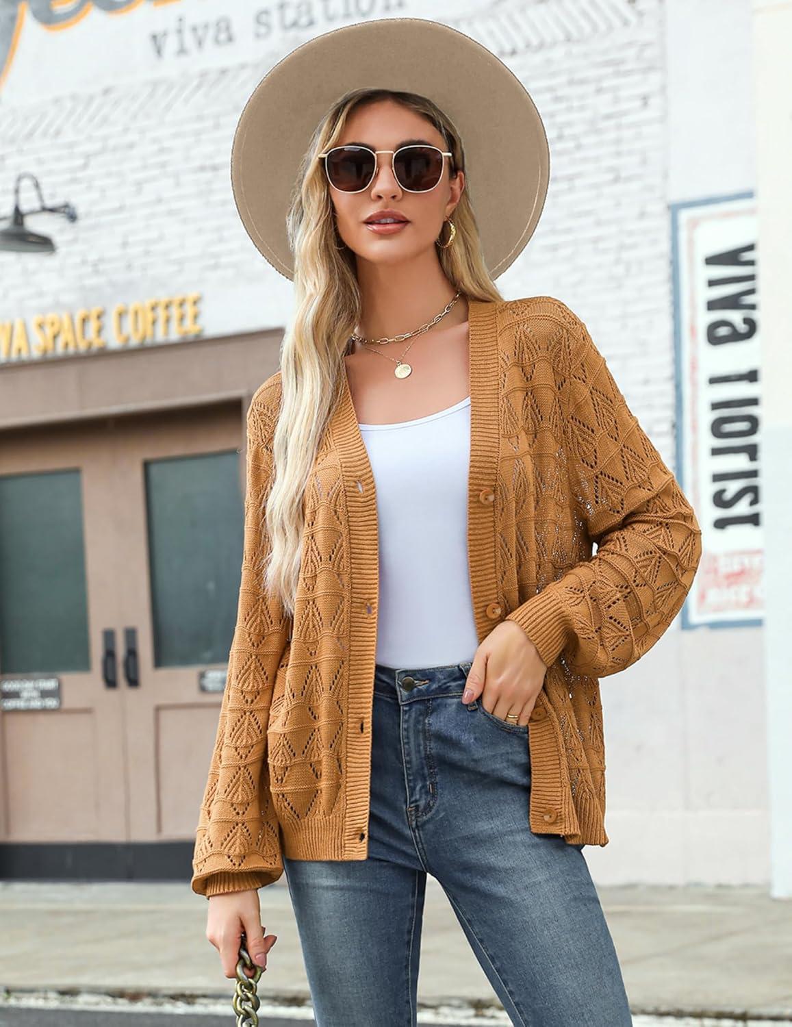 imageZeagoo Womens Lightweight Crochet Cropped Cardigan 2026 V Neck Long Sleeve Button up Bolero Shrug SweaterLight Brown