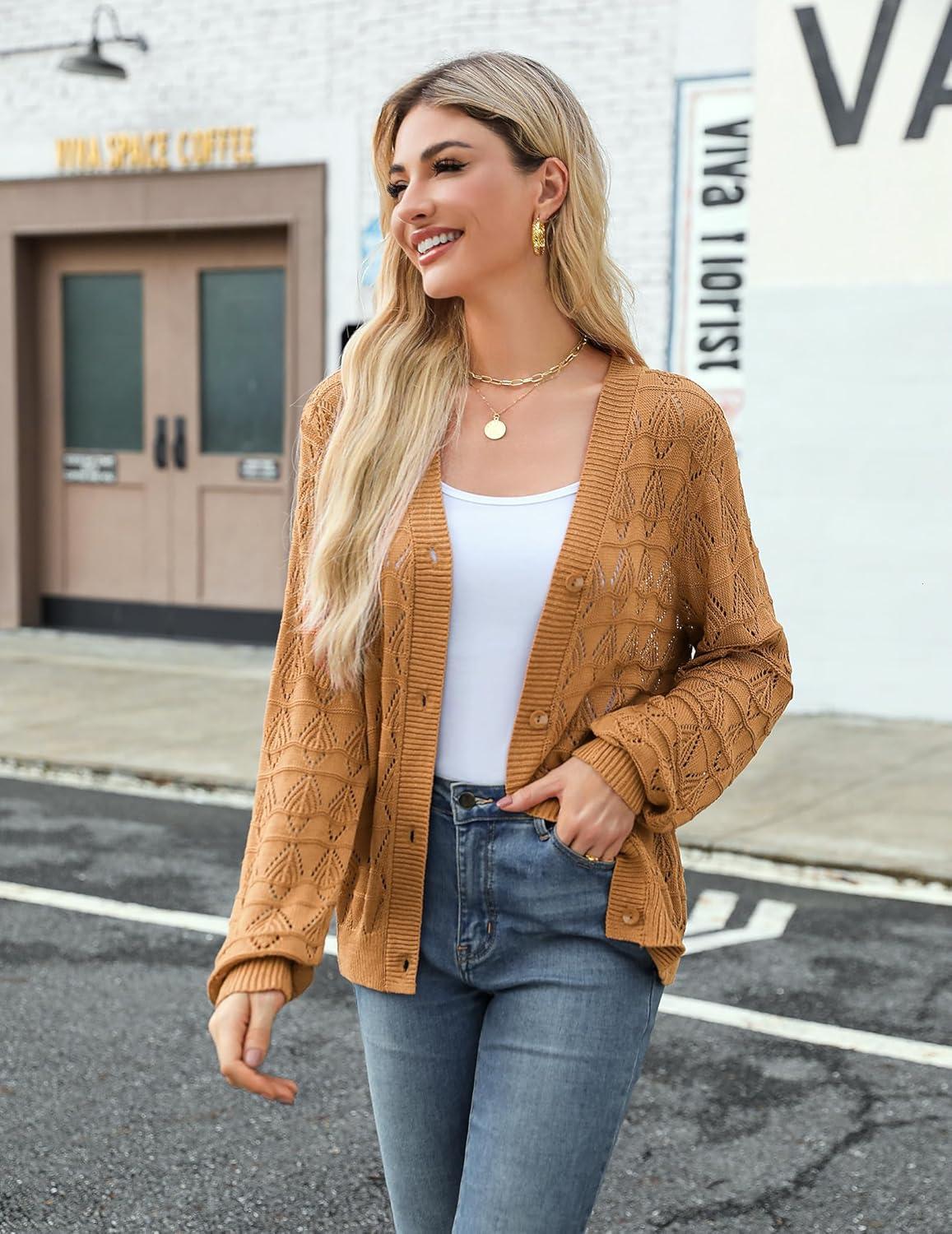 imageZeagoo Womens Lightweight Crochet Cropped Cardigan 2026 V Neck Long Sleeve Button up Bolero Shrug SweaterLight Brown