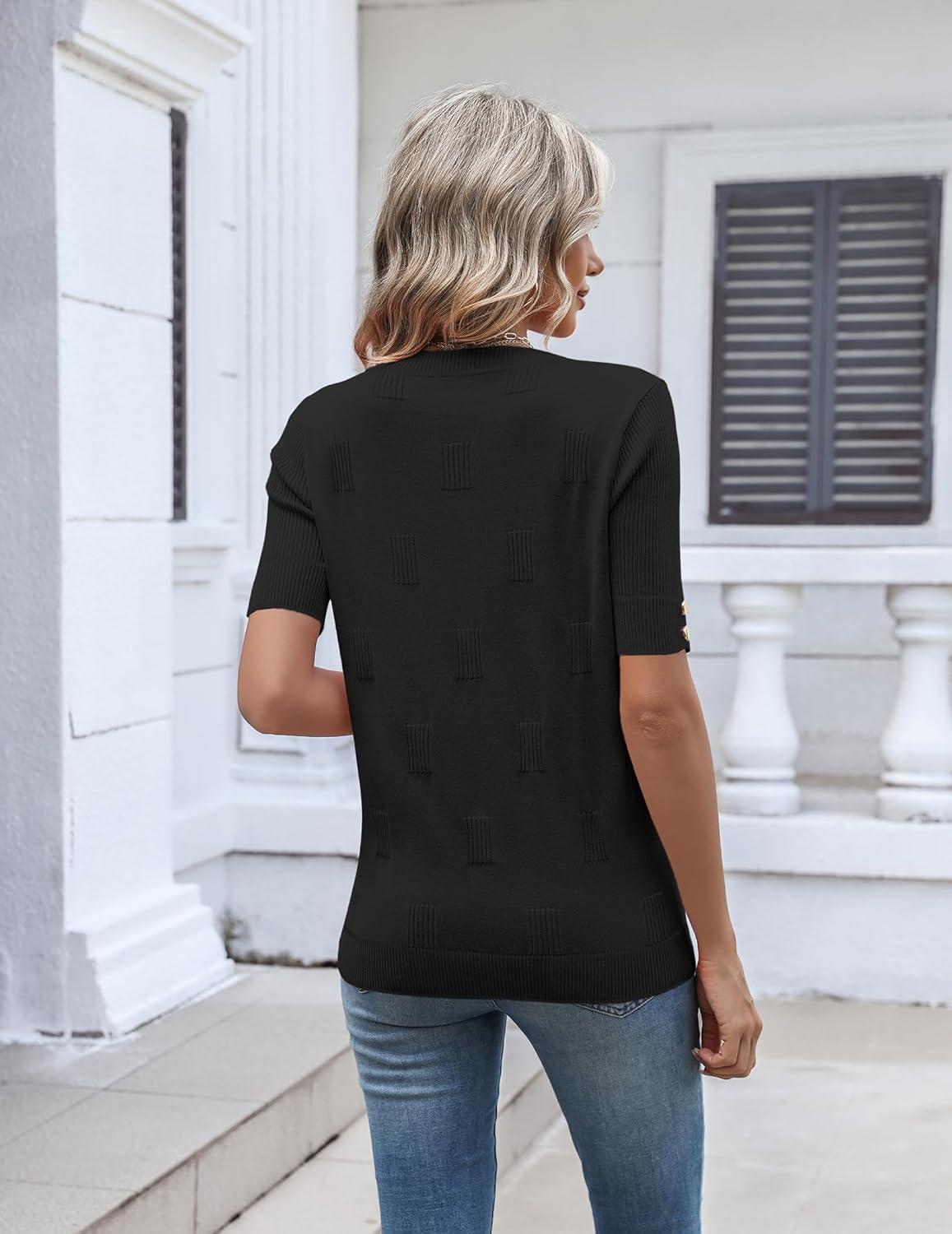 imageZeagoo Womens Short Sleeve Sweater 2026 Summer V Neck Lightweight Sweater Tops Dressy Ribbed Knit Outfits with ButtonsBlack
