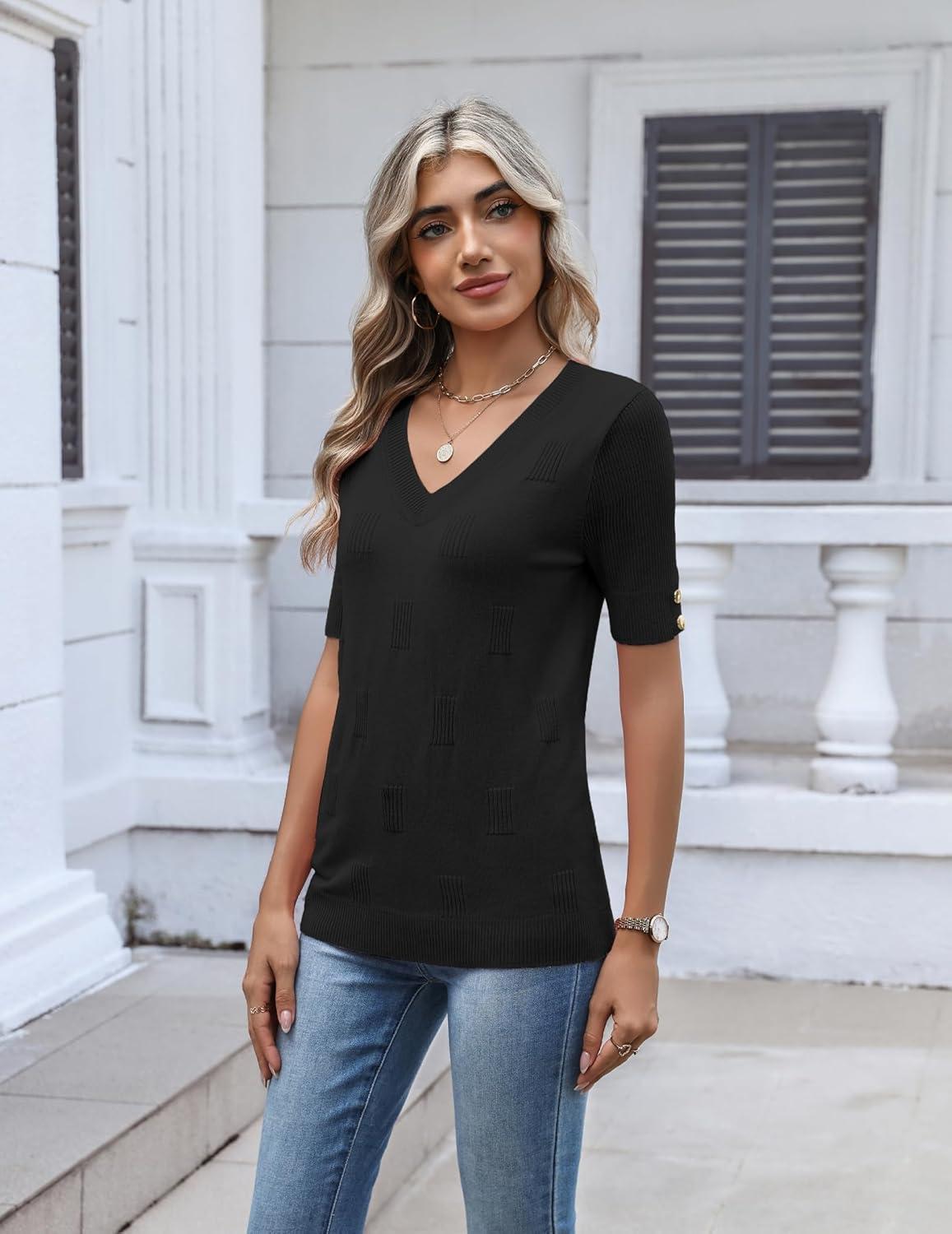 imageZeagoo Womens Short Sleeve Sweater 2026 Summer V Neck Lightweight Sweater Tops Dressy Ribbed Knit Outfits with ButtonsBlack
