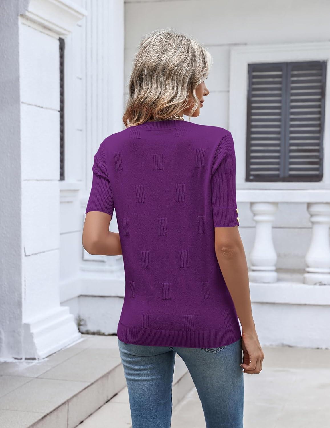 imageZeagoo Womens Short Sleeve Sweater 2026 Summer V Neck Lightweight Sweater Tops Dressy Ribbed Knit Outfits with ButtonsPurple