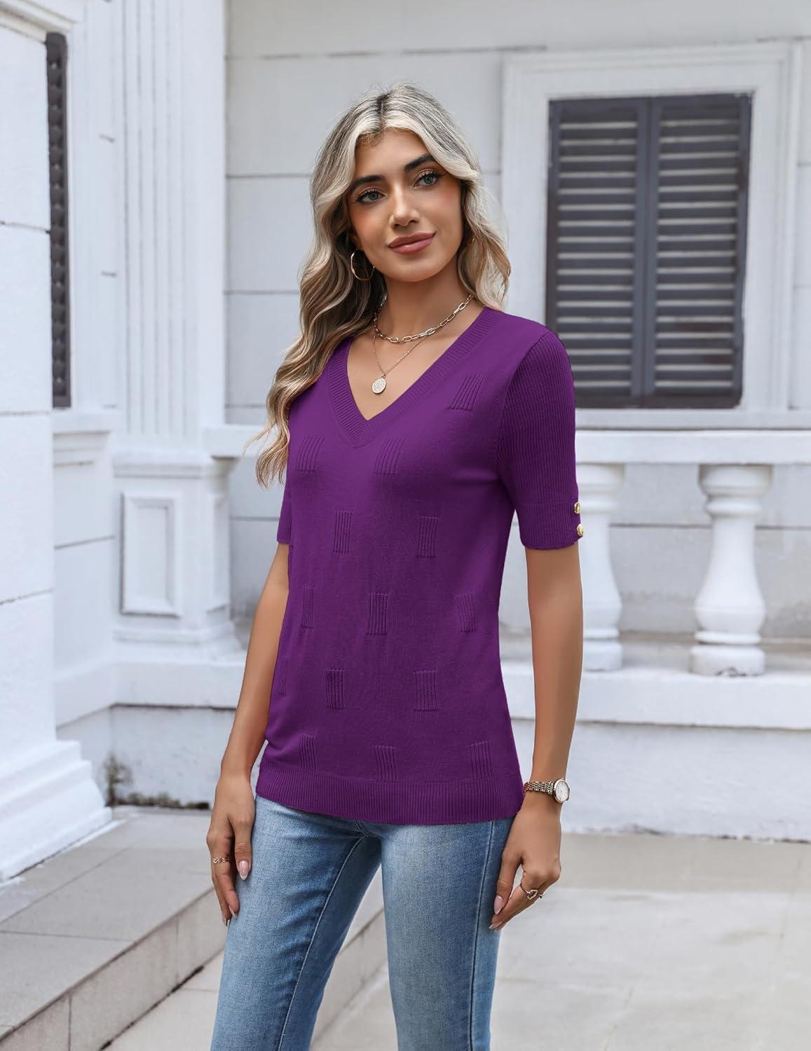 imageZeagoo Womens Short Sleeve Sweater 2026 Summer V Neck Lightweight Sweater Tops Dressy Ribbed Knit Outfits with ButtonsPurple