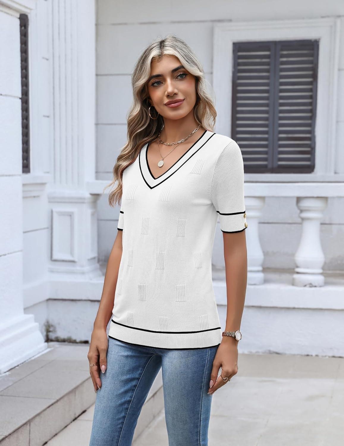 imageZeagoo Womens Short Sleeve Sweater 2026 Summer V Neck Lightweight Sweater Tops Dressy Ribbed Knit Outfits with ButtonsWhiteblack
