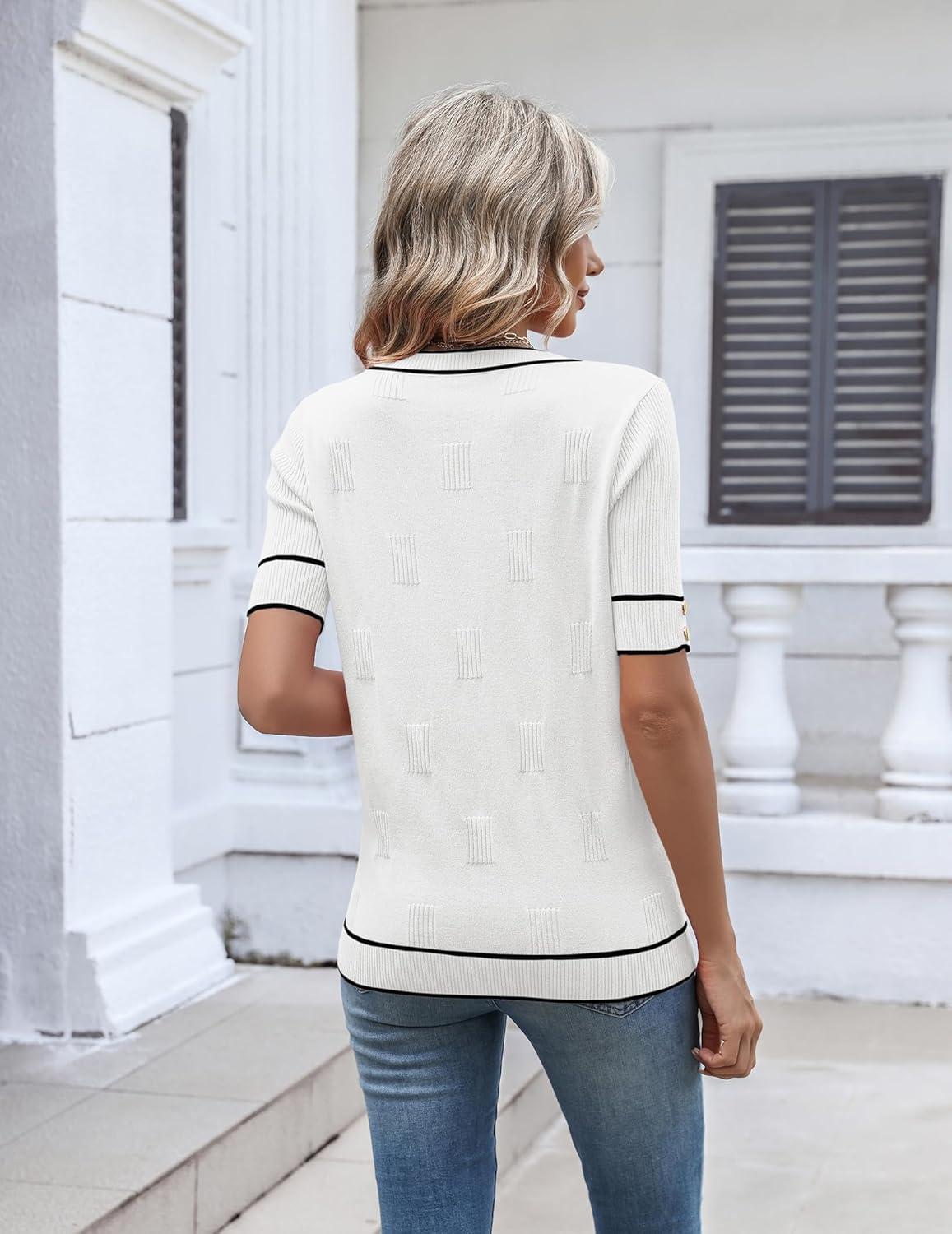 imageZeagoo Womens Short Sleeve Sweater 2026 Summer V Neck Lightweight Sweater Tops Dressy Ribbed Knit Outfits with ButtonsWhiteblack