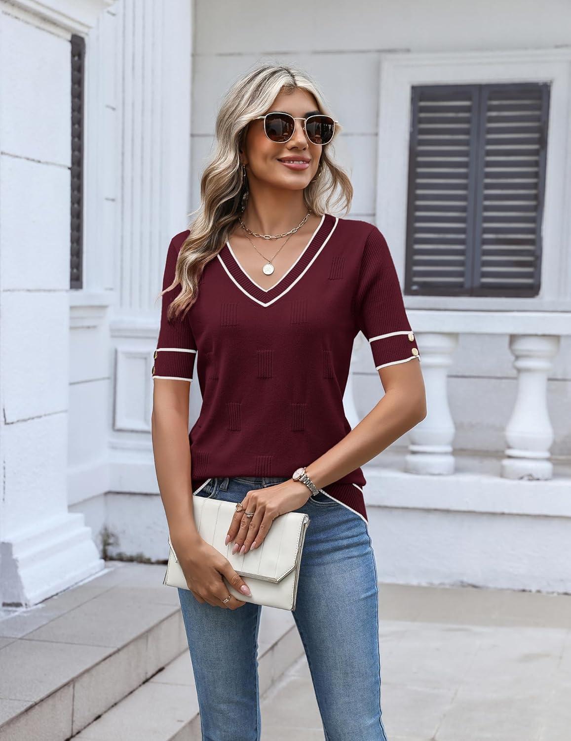 imageZeagoo Womens Short Sleeve Sweater 2026 Summer V Neck Lightweight Sweater Tops Dressy Ribbed Knit Outfits with ButtonsWine Redwhite