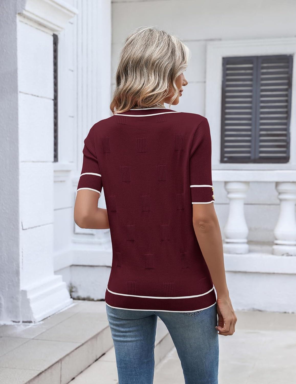 imageZeagoo Womens Short Sleeve Sweater 2026 Summer V Neck Lightweight Sweater Tops Dressy Ribbed Knit Outfits with ButtonsWine Redwhite