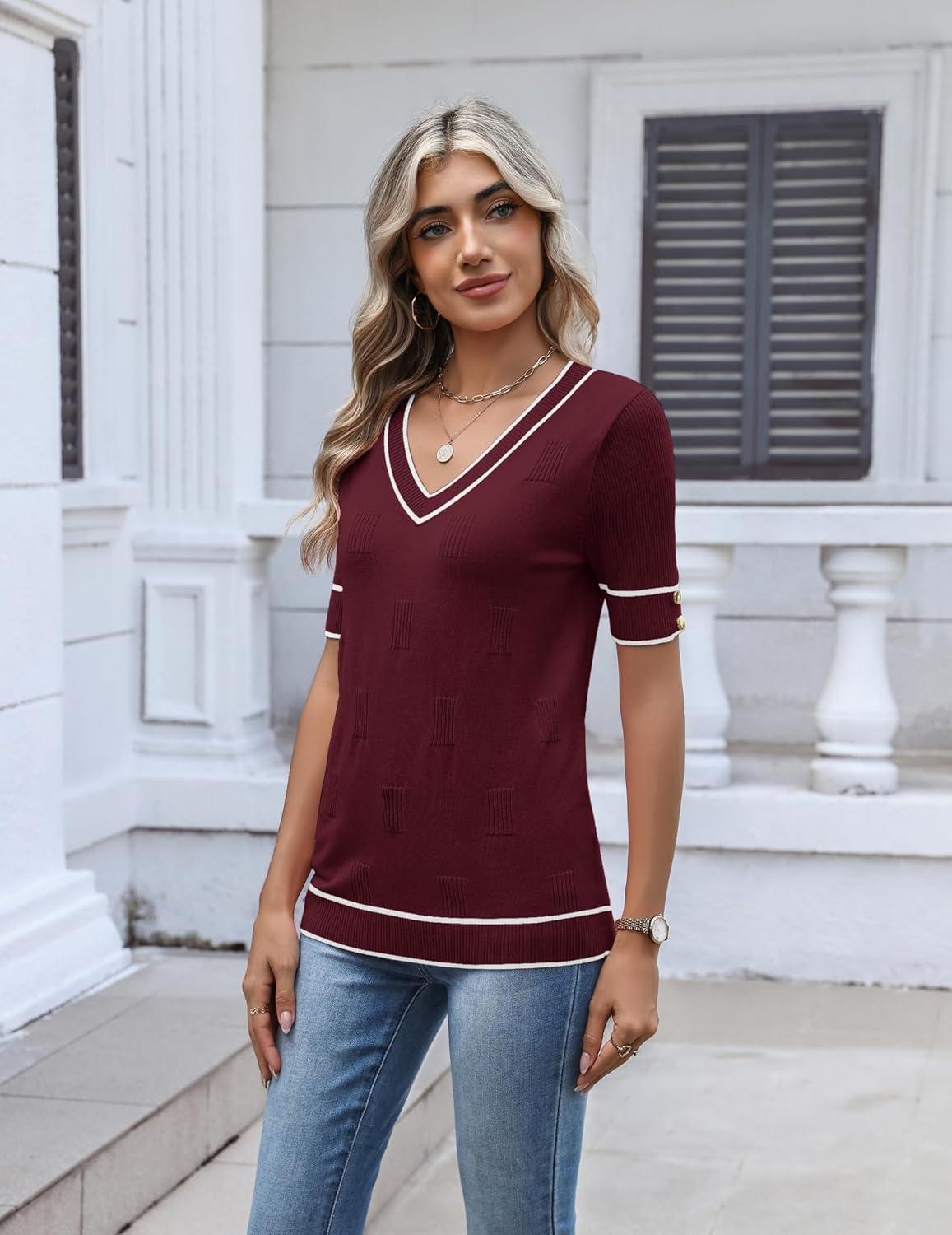 imageZeagoo Womens Short Sleeve Sweater 2026 Summer V Neck Lightweight Sweater Tops Dressy Ribbed Knit Outfits with ButtonsWine Redwhite