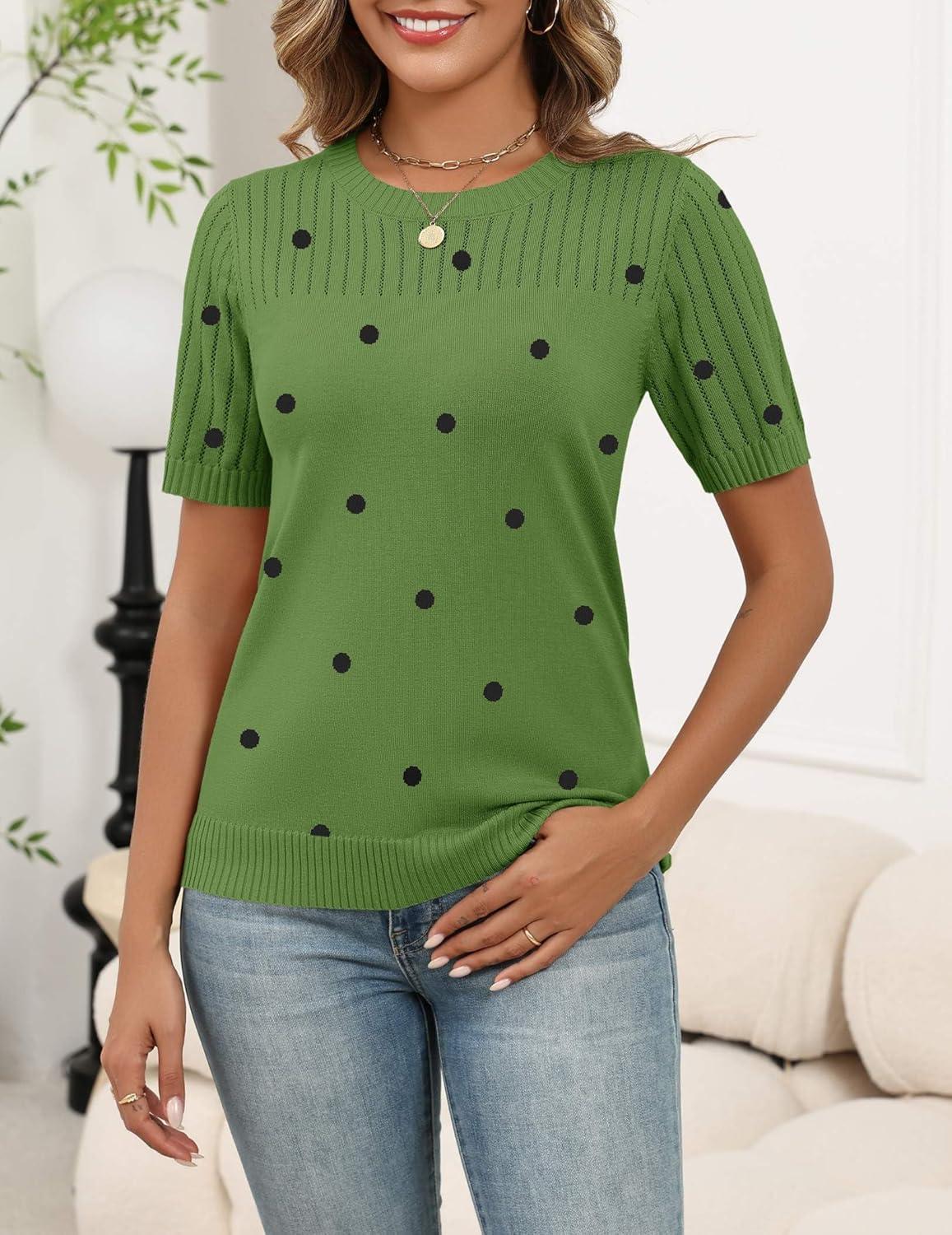imageZeagoo Womens Short Sleeve Sweater Tops 2026 Spring Summer Crew Neck Hollow Out Blouses Dressy Business Casual OutfitsGreen Polka Dots