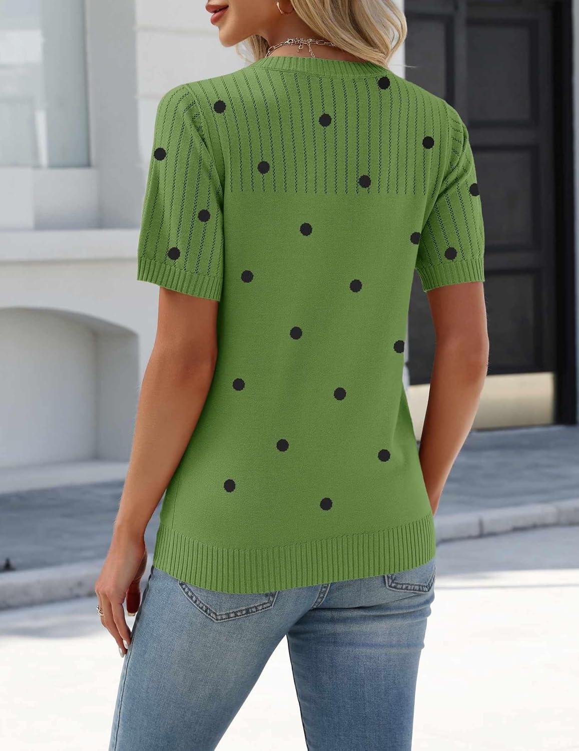 imageZeagoo Womens Short Sleeve Sweater Tops 2026 Spring Summer Crew Neck Hollow Out Blouses Dressy Business Casual OutfitsGreen Polka Dots