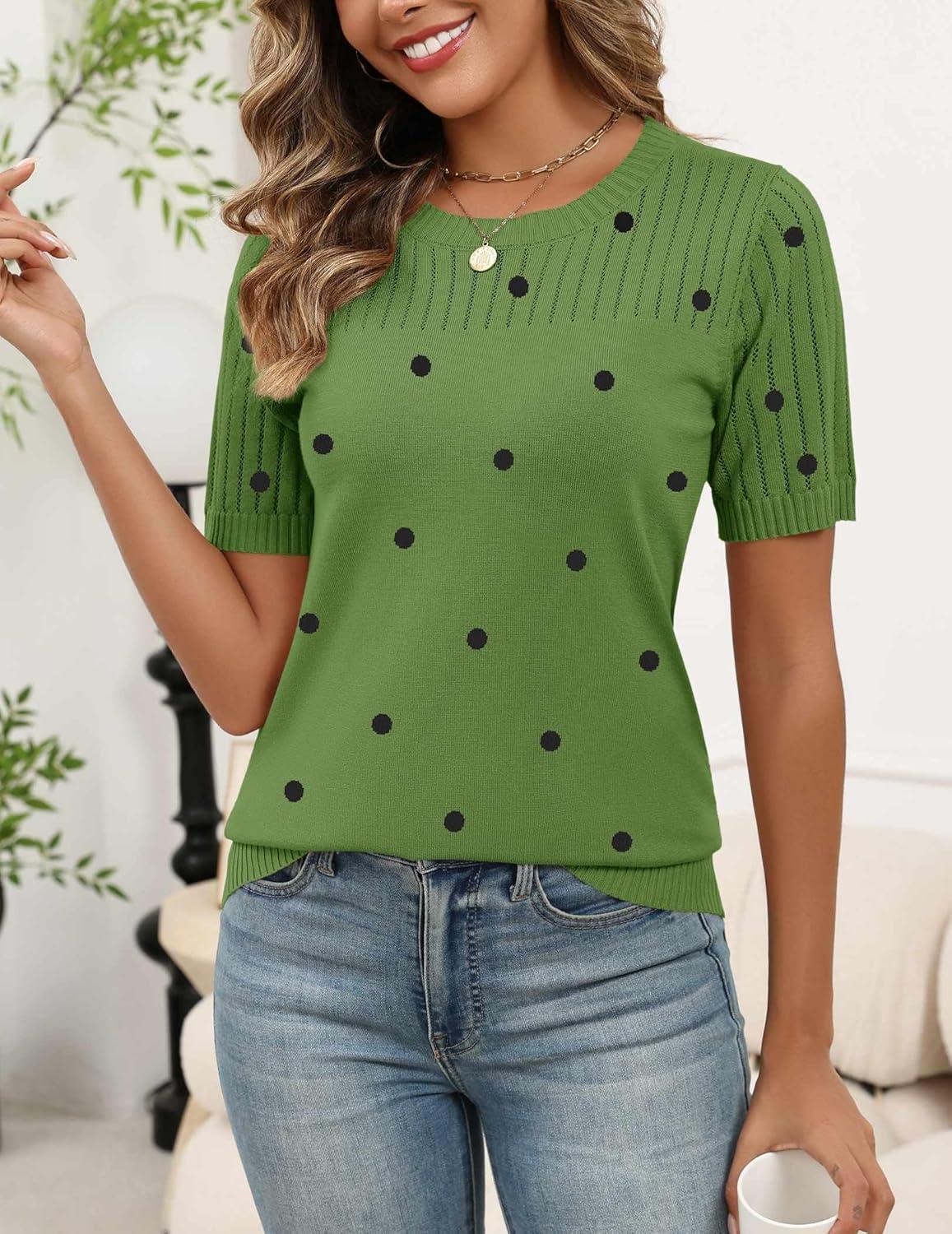 imageZeagoo Womens Short Sleeve Sweater Tops 2026 Spring Summer Crew Neck Hollow Out Blouses Dressy Business Casual OutfitsGreen Polka Dots
