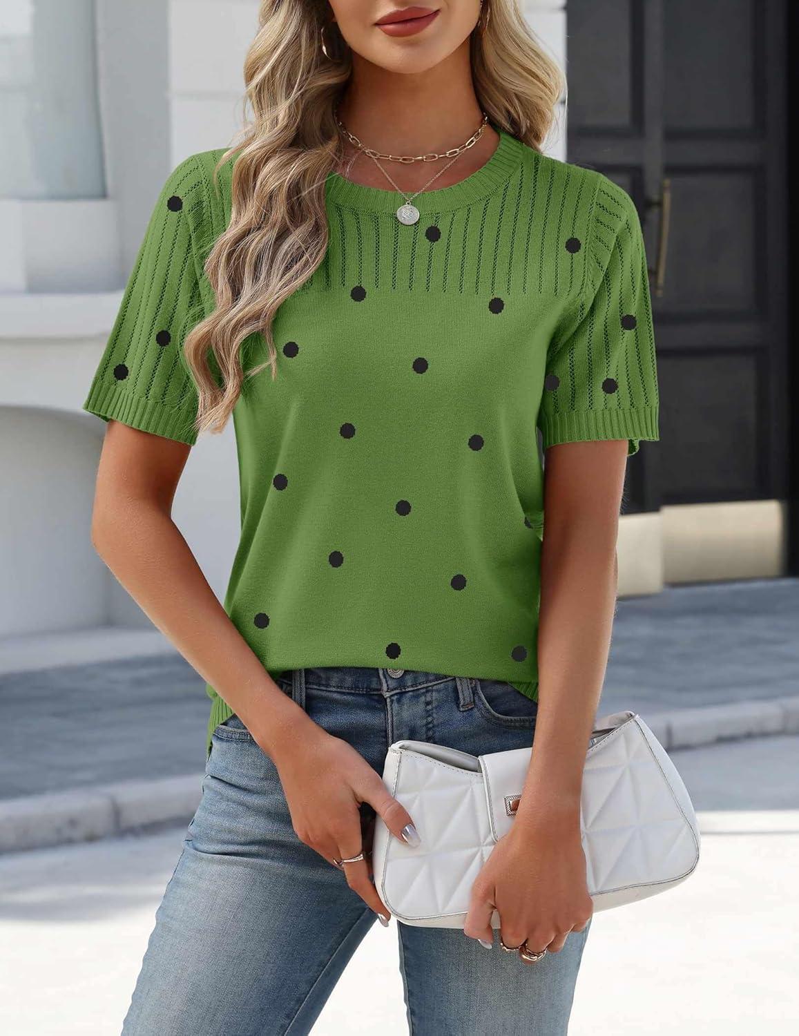imageZeagoo Womens Short Sleeve Sweater Tops 2026 Spring Summer Crew Neck Hollow Out Blouses Dressy Business Casual OutfitsGreen Polka Dots