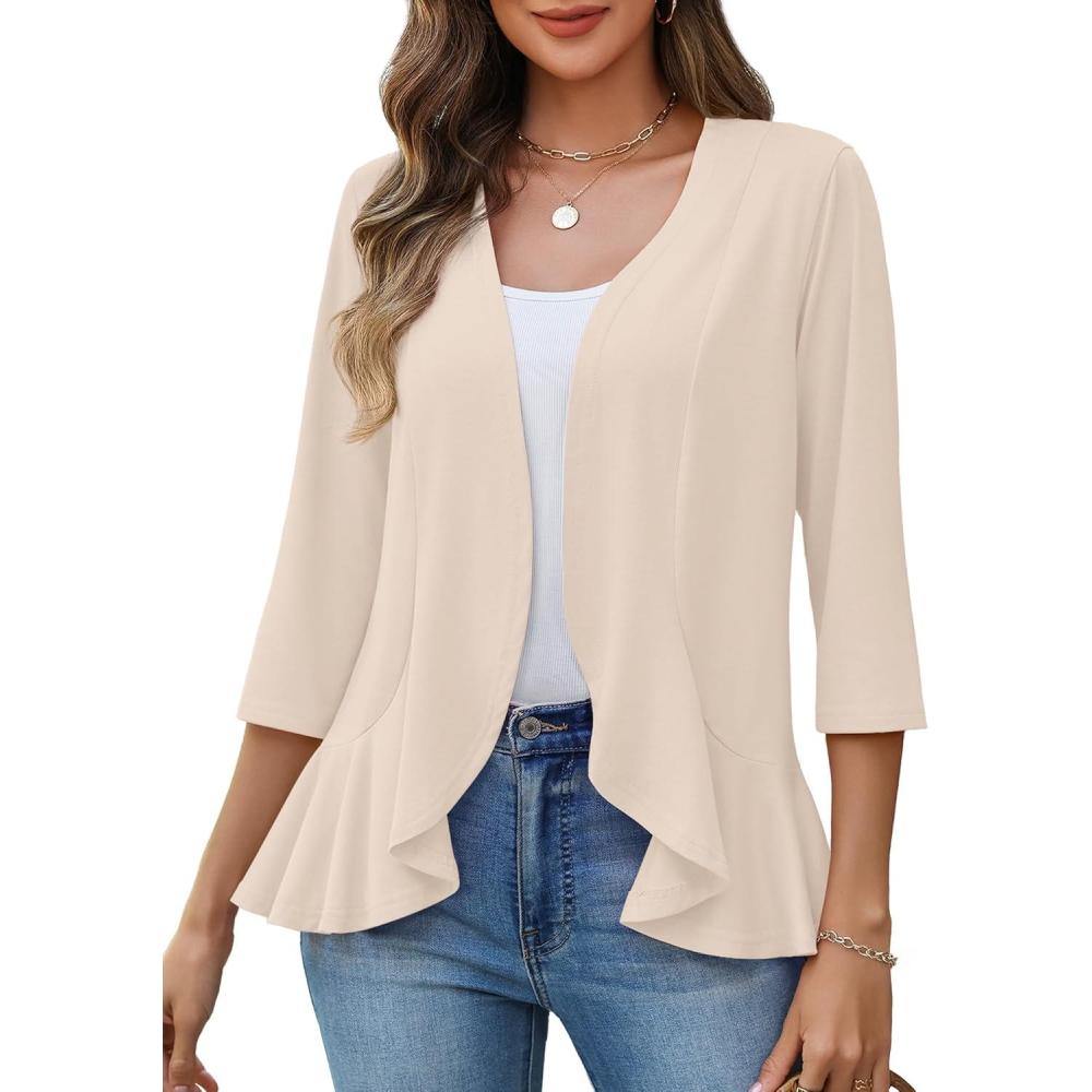 imageZeagoo Womens 2026 Summer 34 Sleeve Lightweight Cardigans Open Front Draped Ruffles Kimono CoverupsBeige