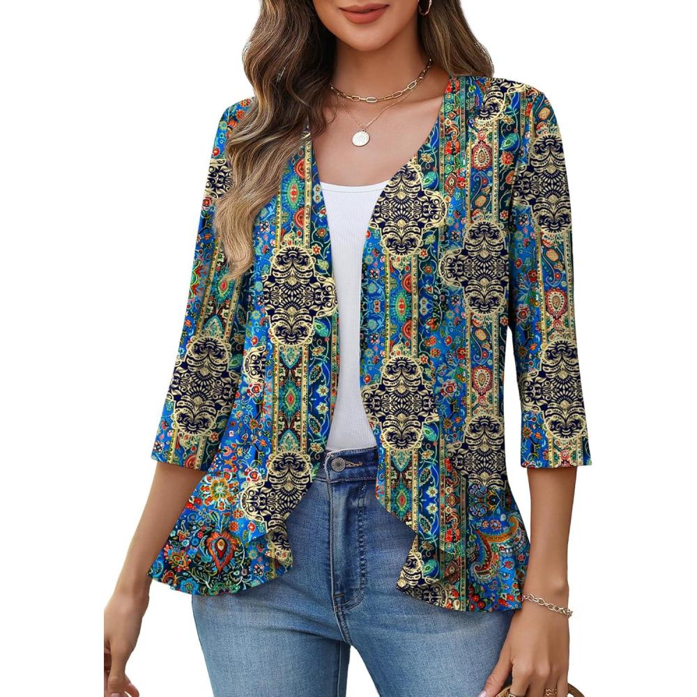 imageZeagoo Womens 2026 Summer 34 Sleeve Lightweight Cardigans Open Front Draped Ruffles Kimono CoverupsMz779