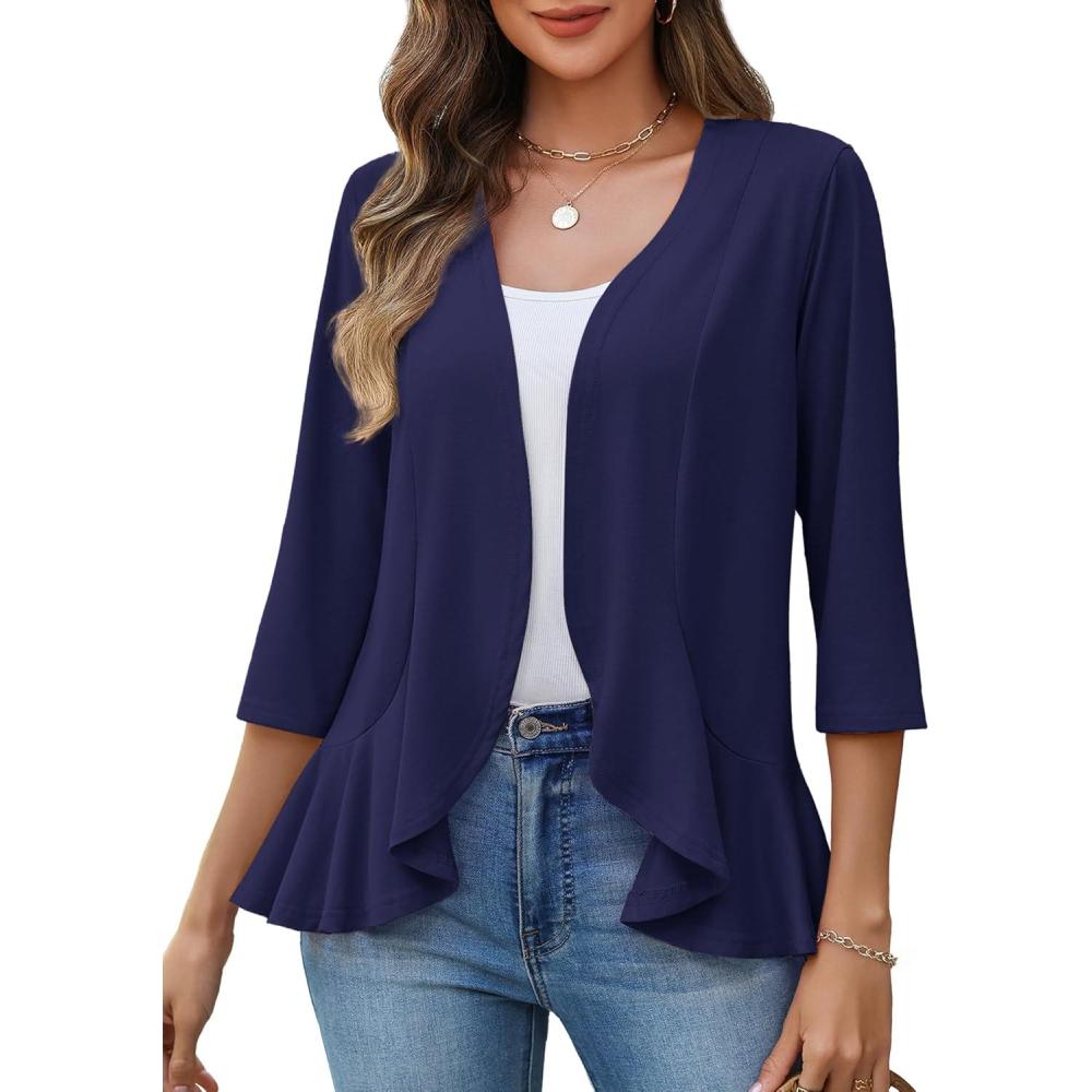imageZeagoo Womens 2026 Summer 34 Sleeve Lightweight Cardigans Open Front Draped Ruffles Kimono CoverupsNavy Blue