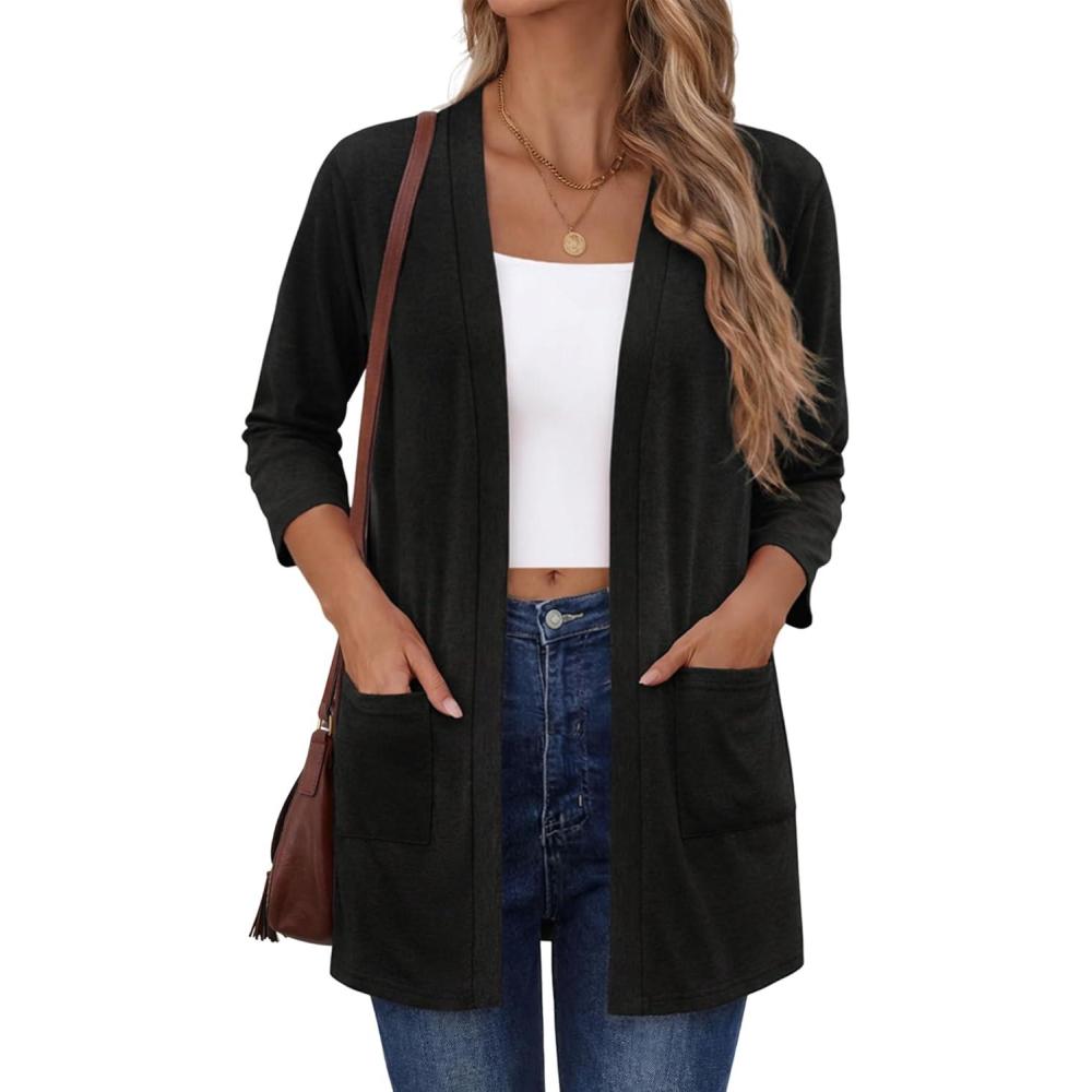 imageZeagoo Womens Casual Lightweight Cardigan 34 Sleeve Open Front Loose Thin Cardigans with PocketsAblack