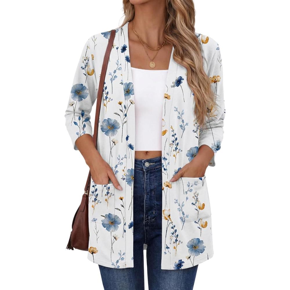 imageZeagoo Womens Casual Lightweight Cardigan 34 Sleeve Open Front Loose Thin Cardigans with PocketsBf290