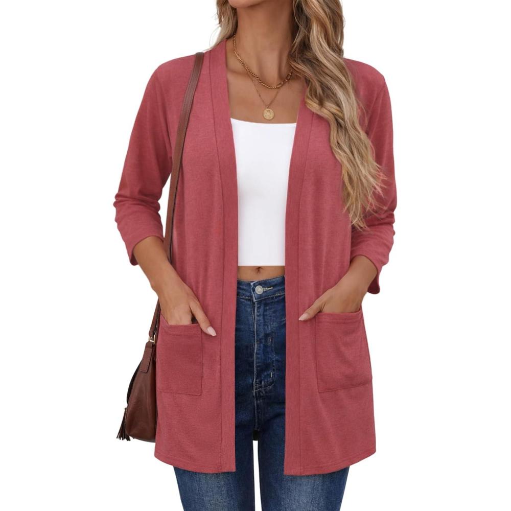imageZeagoo Womens Casual Lightweight Cardigan 34 Sleeve Open Front Loose Thin Cardigans with PocketsDeep Red