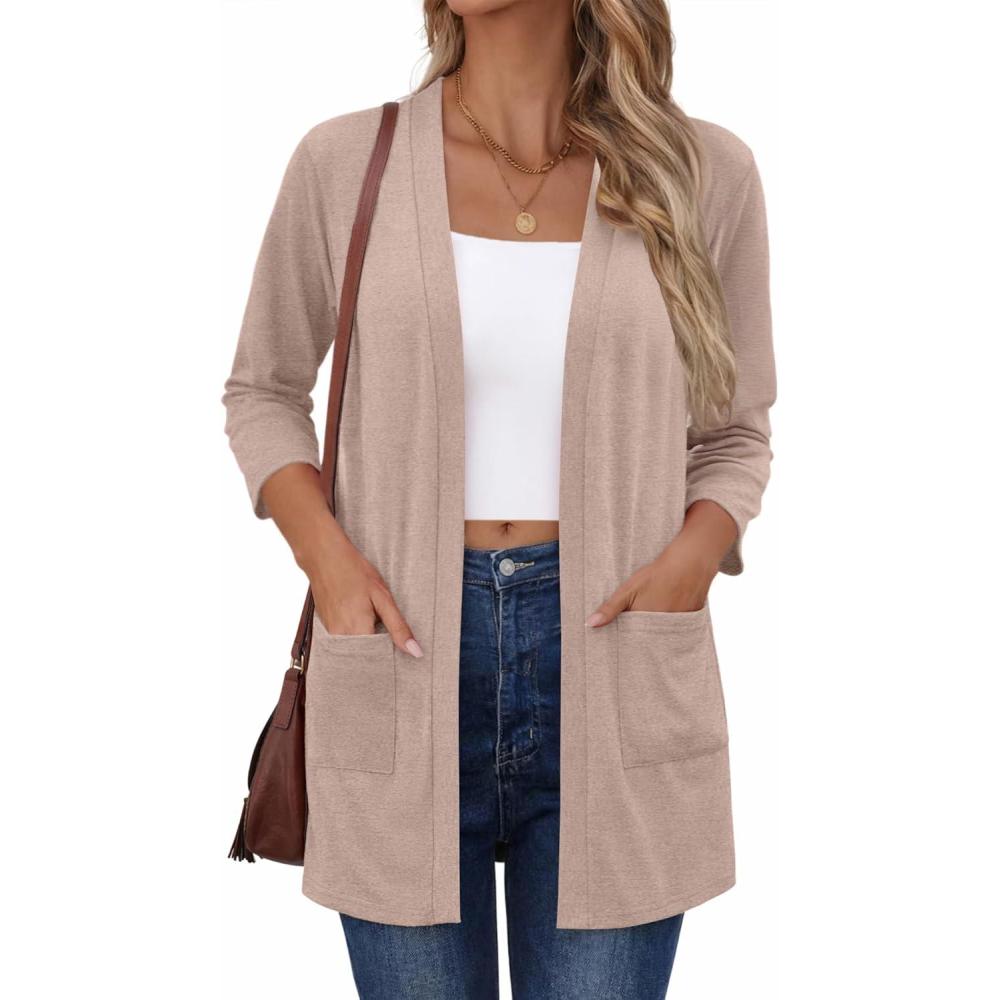 imageZeagoo Womens Casual Lightweight Cardigan 34 Sleeve Open Front Loose Thin Cardigans with PocketsKhaki