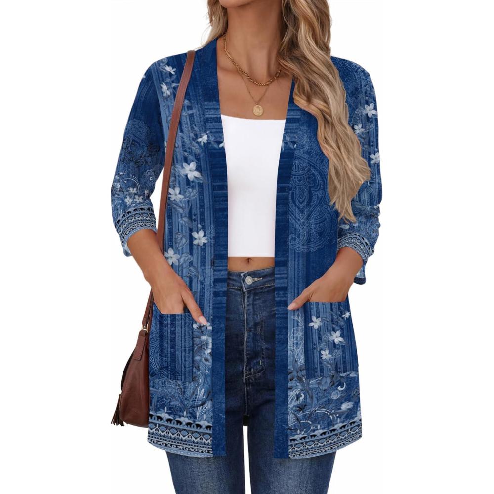 imageZeagoo Womens Casual Lightweight Cardigan 34 Sleeve Open Front Loose Thin Cardigans with PocketsMz845