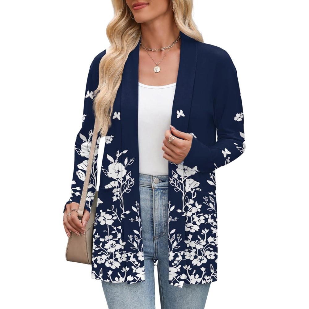 imageZeagoo Womens Lightweight Cardigan Open Front Long Sleeve Casual Loose Thin Cardigans with Pockets 2026Afloral Navy 103