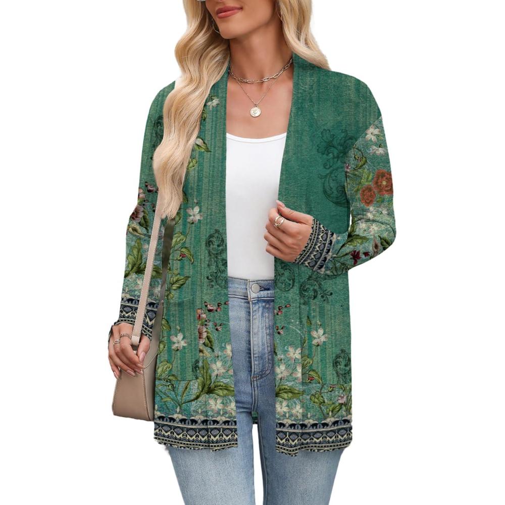 imageZeagoo Womens Lightweight Cardigan Open Front Long Sleeve Casual Loose Thin Cardigans with Pockets 2026Aflower Green