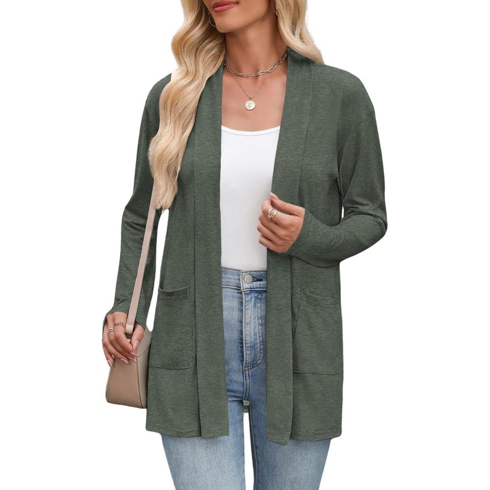 imageZeagoo Womens Lightweight Cardigan Open Front Long Sleeve Casual Loose Thin Cardigans with Pockets 2026Army Green