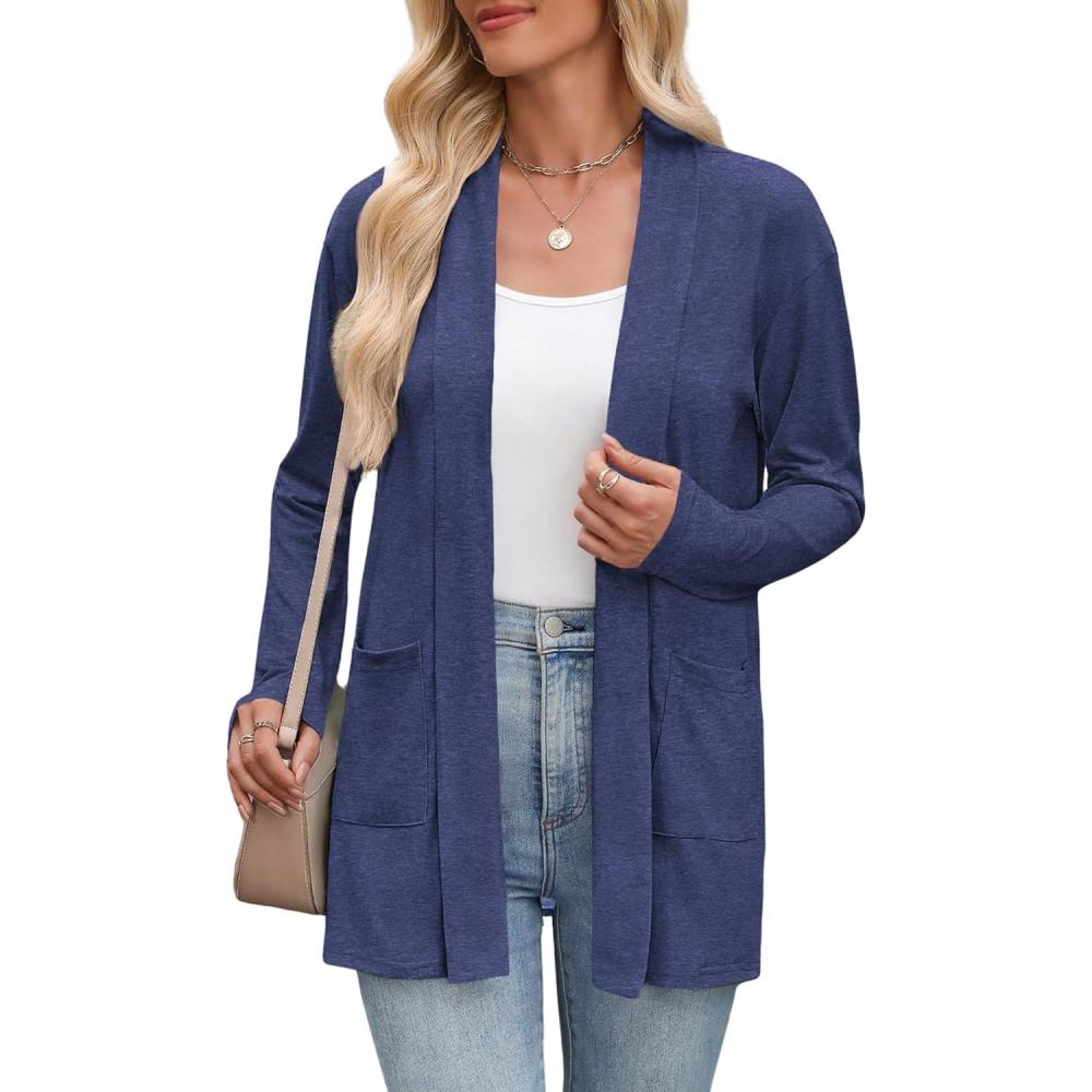 imageZeagoo Womens Lightweight Cardigan Open Front Long Sleeve Casual Loose Thin Cardigans with Pockets 2026Navy Blue