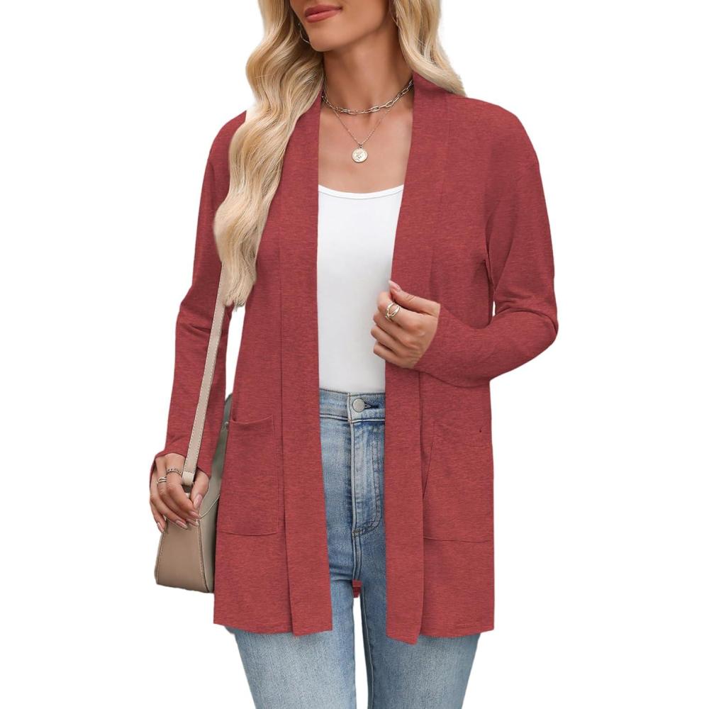imageZeagoo Womens Lightweight Cardigan Open Front Long Sleeve Casual Loose Thin Cardigans with Pockets 2026Red