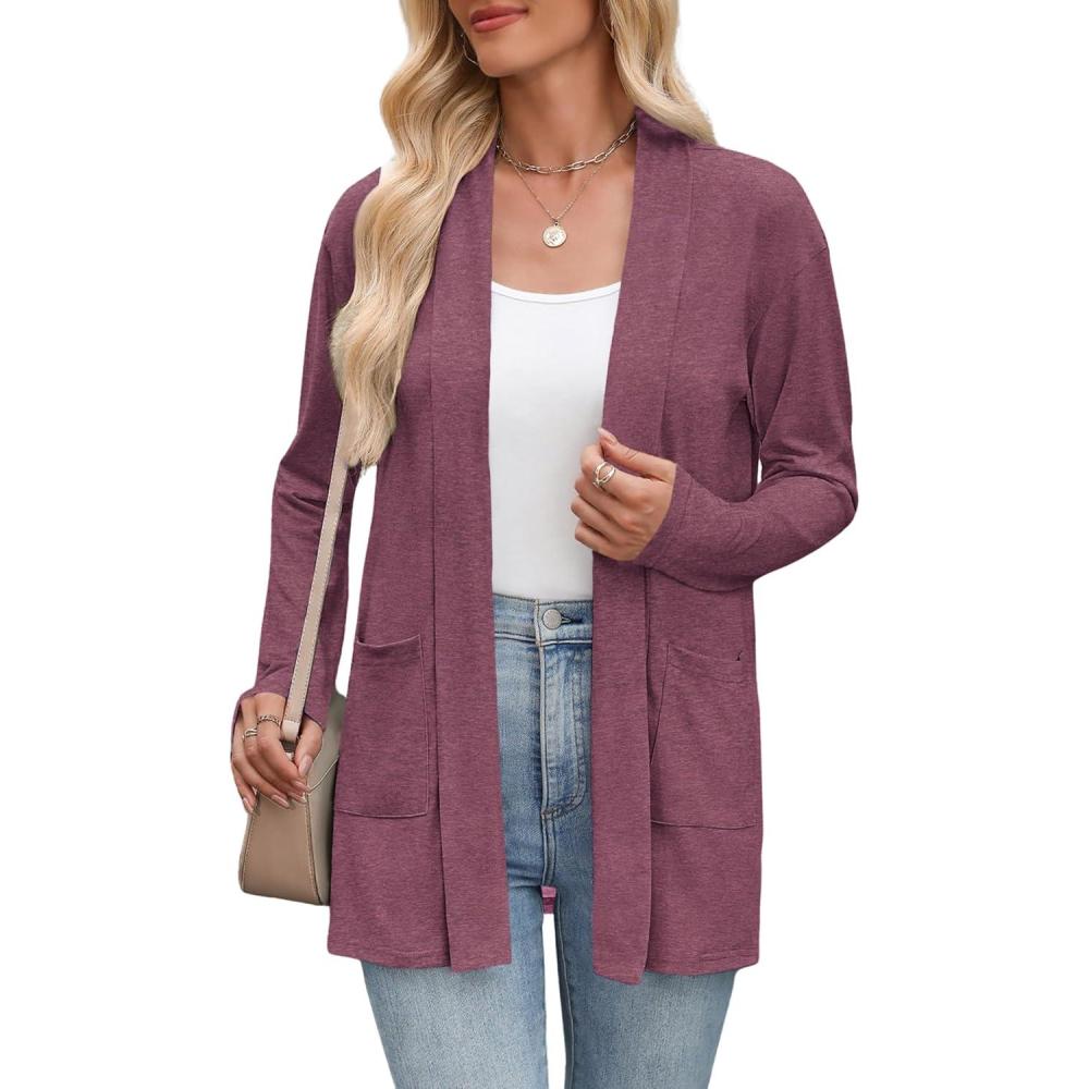 imageZeagoo Womens Lightweight Cardigan Open Front Long Sleeve Casual Loose Thin Cardigans with Pockets 2026Wine Red