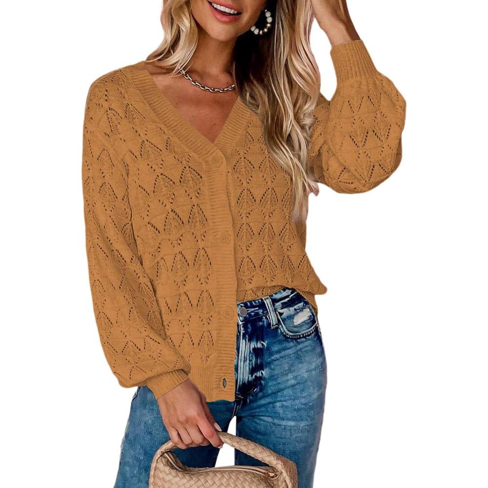 imageZeagoo Womens Lightweight Crochet Cropped Cardigan 2026 V Neck Long Sleeve Button up Bolero Shrug SweaterLight Brown