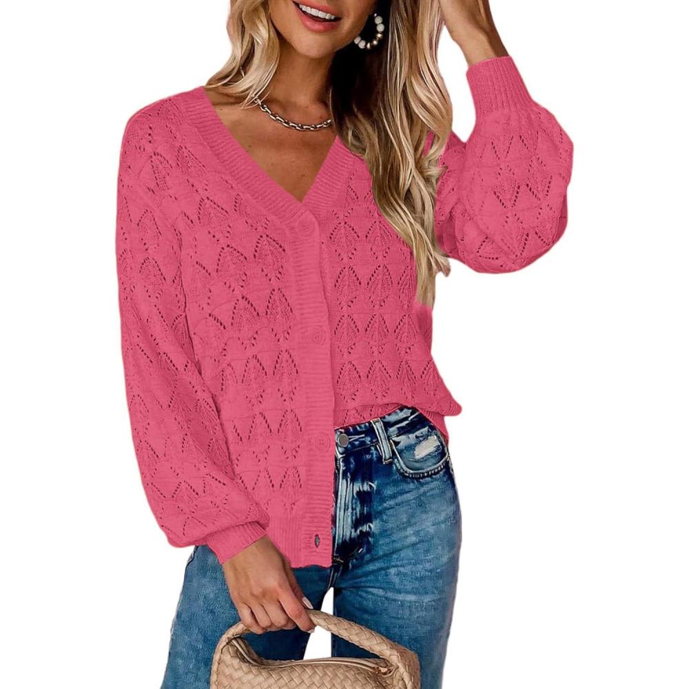 imageZeagoo Womens Lightweight Crochet Cropped Cardigan 2026 V Neck Long Sleeve Button up Bolero Shrug SweaterRose