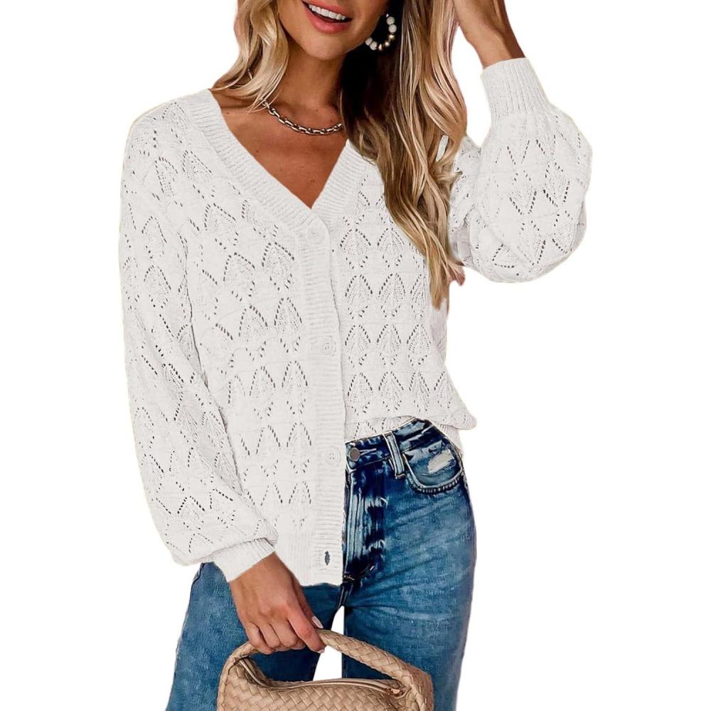 imageZeagoo Womens Lightweight Crochet Cropped Cardigan 2026 V Neck Long Sleeve Button up Bolero Shrug SweaterWhite
