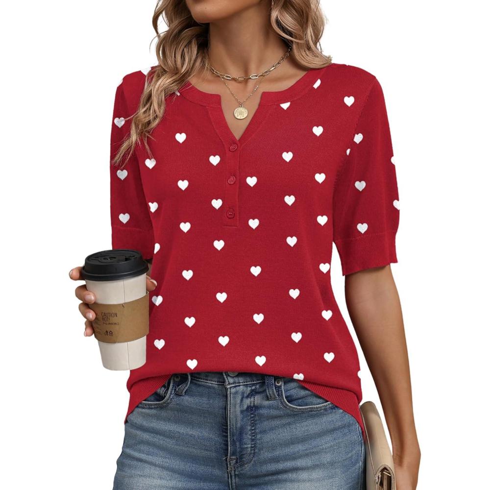 imageZeagoo Womens Short Sleeve Sweater 2026 Spring Summer Tops Lightweight Casual V Neck Sweaters Dressy Work Blouses ClothesZ Red Heart