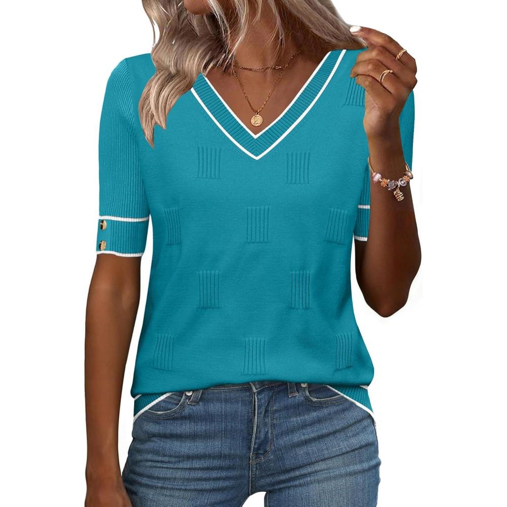 imageZeagoo Womens Short Sleeve Sweater 2026 Summer V Neck Lightweight Sweater Tops Dressy Ribbed Knit Outfits with ButtonsBlue Greenwhite